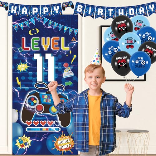 Image of Vlipoeasn Blue 11th Birthday Decorations for Boys, Video Game Level 11 Banner Backdrop Hanging Swirls for 11th Birthday Party, Gamer 11 Years Old Party Supplies