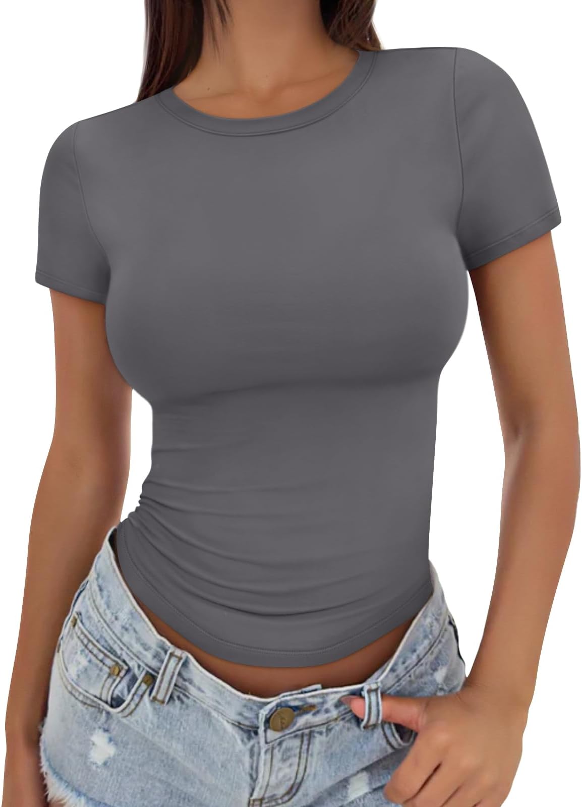Trendy Queen Womens Basic T Shirts Summer Tops 2026 Crop Short Sleeve Slim Fit Tee Cute Gym Workout Clothes