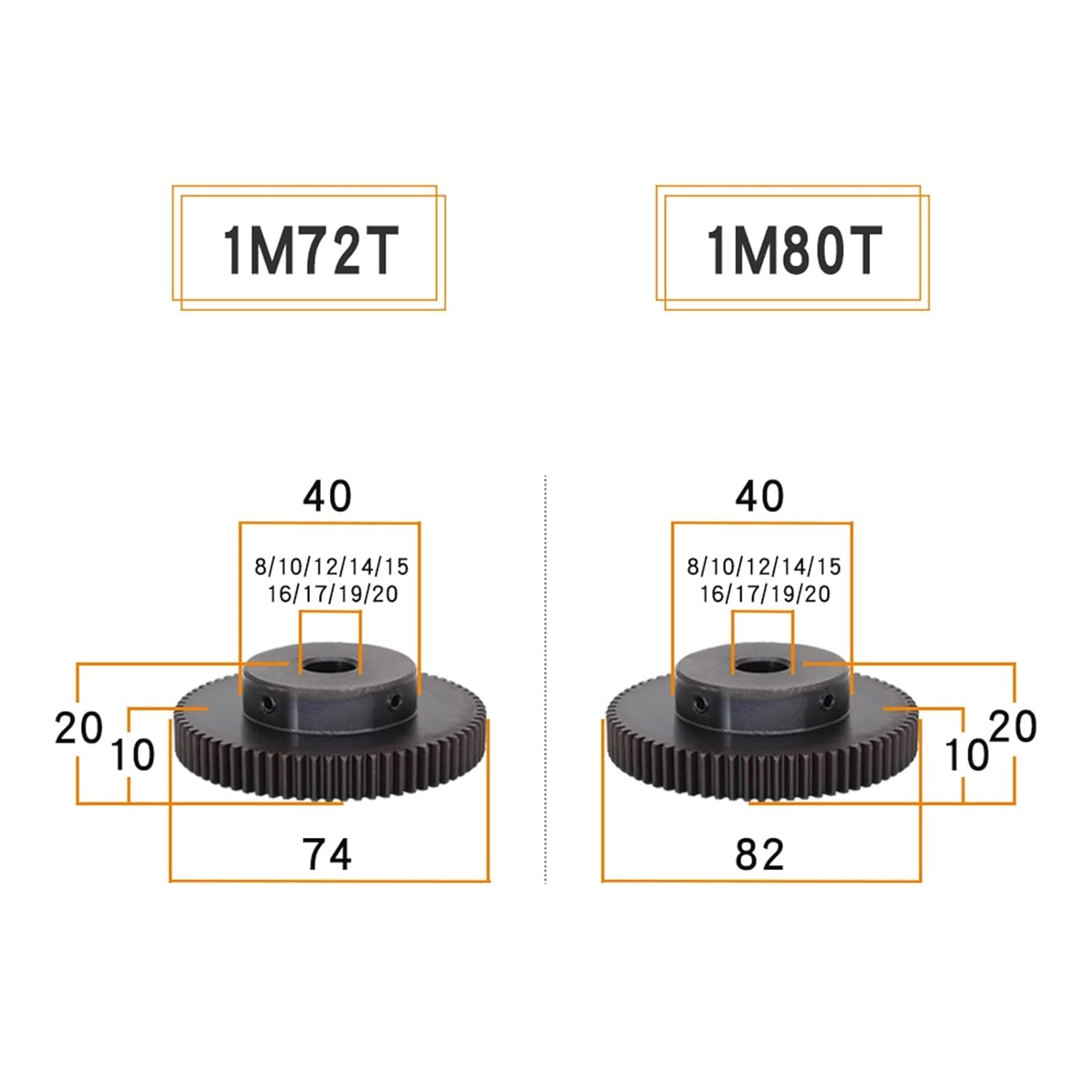 1pc 1M 72T 45 Carbon Steel Spur Gear with 8-20mm Inner Bore for Mechanical Applications(80 Teeth 14 mm)