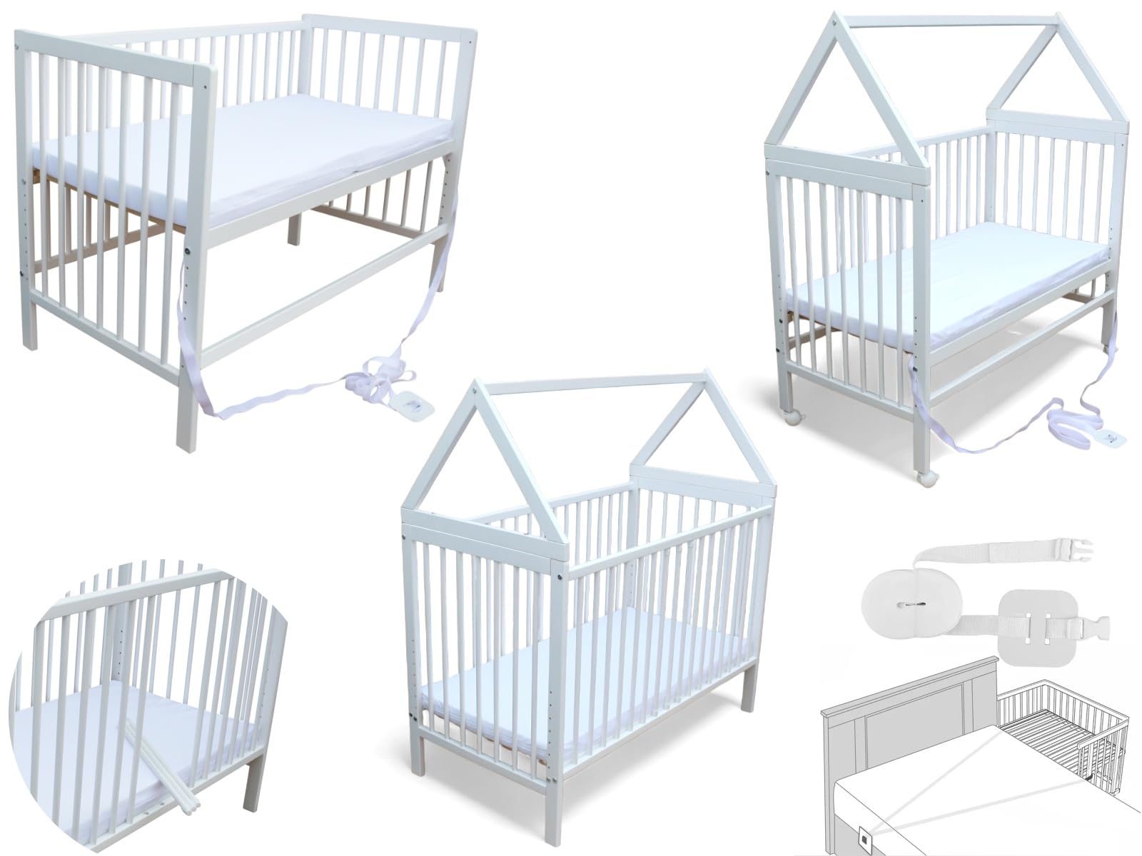 Micoland Kinderbett - Beistellbett - Babybett 120x60 cm umbaubares Bett mit Gurt, Rädern und optional Matratze (Haus mit Matratze Weiss)