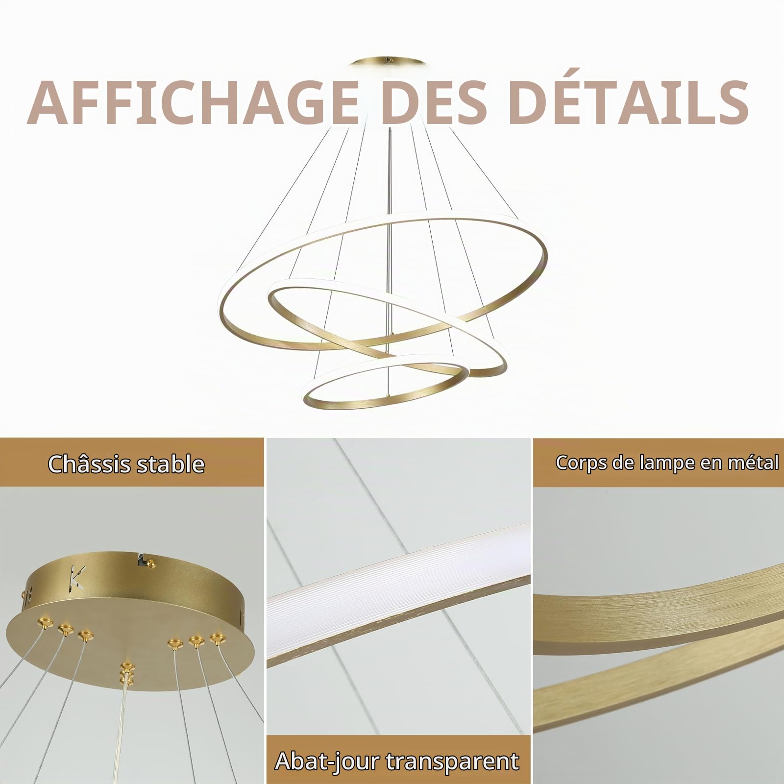 Suspension Led Moderne, Lustre Suspendu RéGlable Plafonnier Contemporain, Dimmable 3 Anneaux Suspension Luminaire Moderne à Led Pour Table De Salle à Manger,Pour Cuisine, Chambre 40+60+80Cm,Or