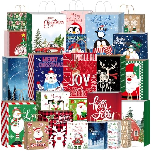 Nimbbex 24 Pack Kraft Christmas Gift Paper Bags Bulk with Handles...