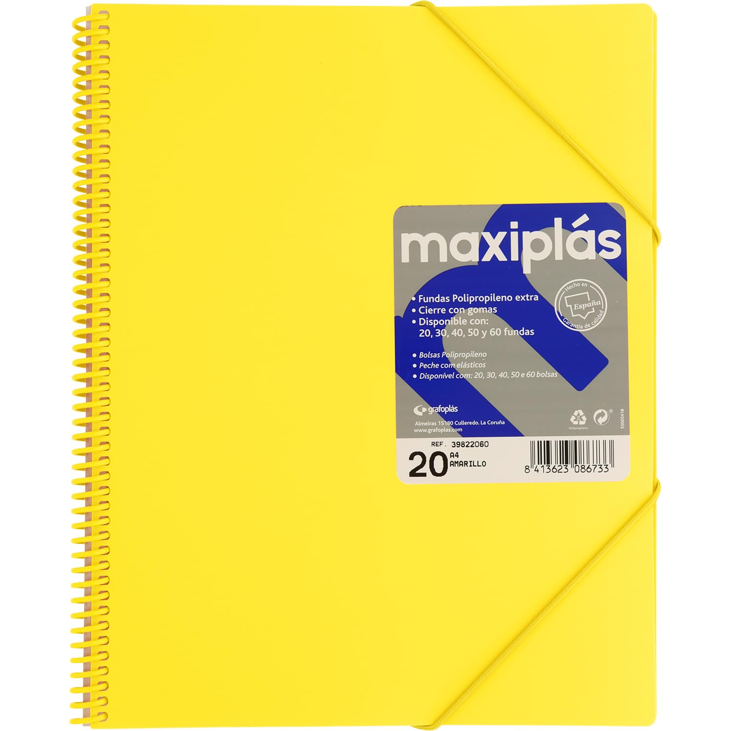 Grafoplas - Chemises à pochettes en plastique A4, couverture souple jaune, 20 doublures transparentes, spirale PVC, parfait pour classer du matériel scolaire et de bureau, maxiplas opaque, ouverture