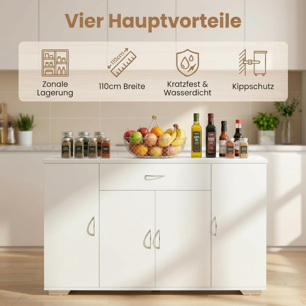 Küchenunterschrank mit Schublade und Türen, Moderner Küchenschrank Unterschrank Stauraum Schrank Sideboard Mehrzweckschrank Küchenmöbel Aufbewahrungsschrank für Küche/Esszimmer/110x30x70CM/Weiß