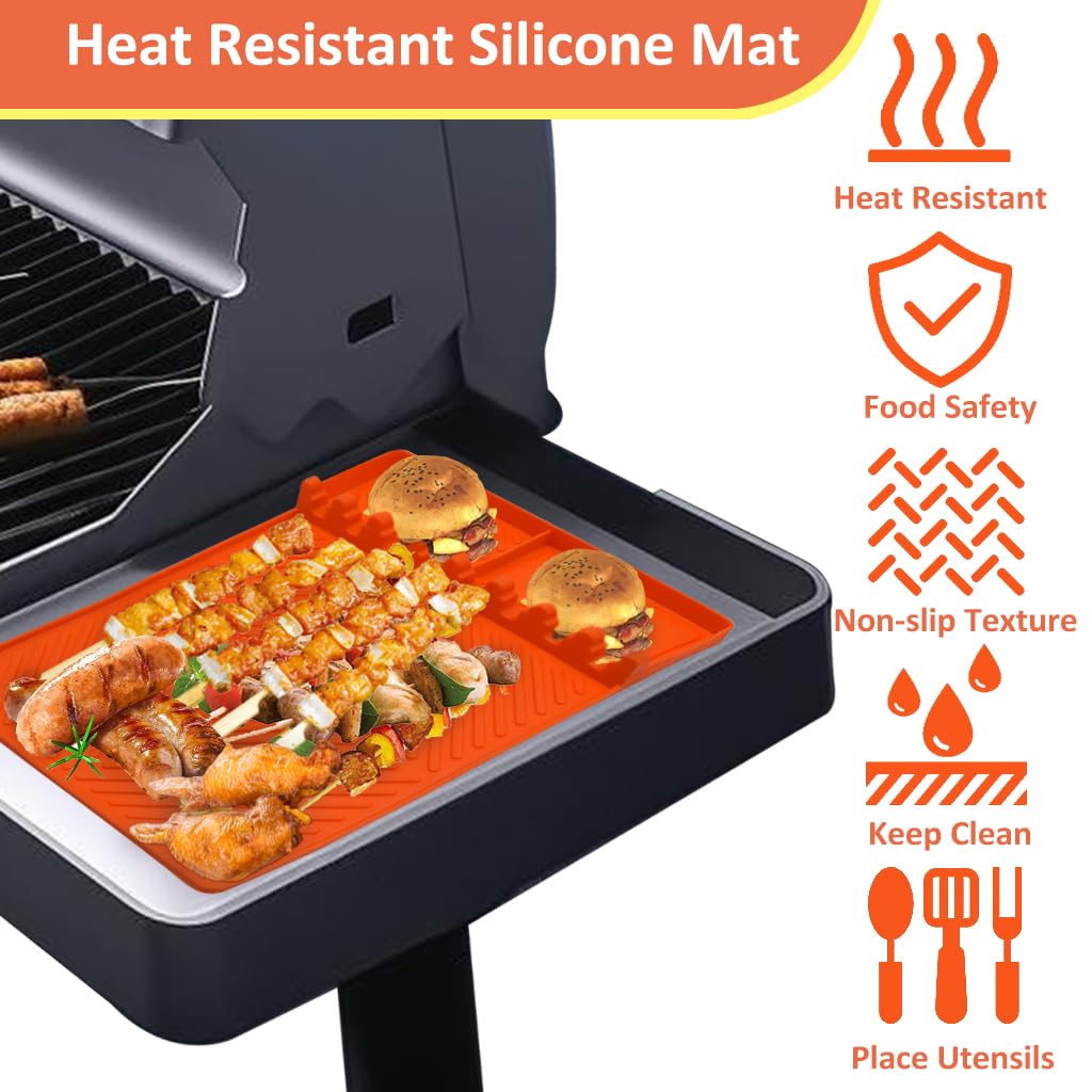 Estera para Barbacoa Mesas Laterales, Alfombrilla de Espátula de Silicona, Soporte para Utensilios de Parrilla, Estera de Drenaje para Cocina, Estufa y Encimera, Naranja