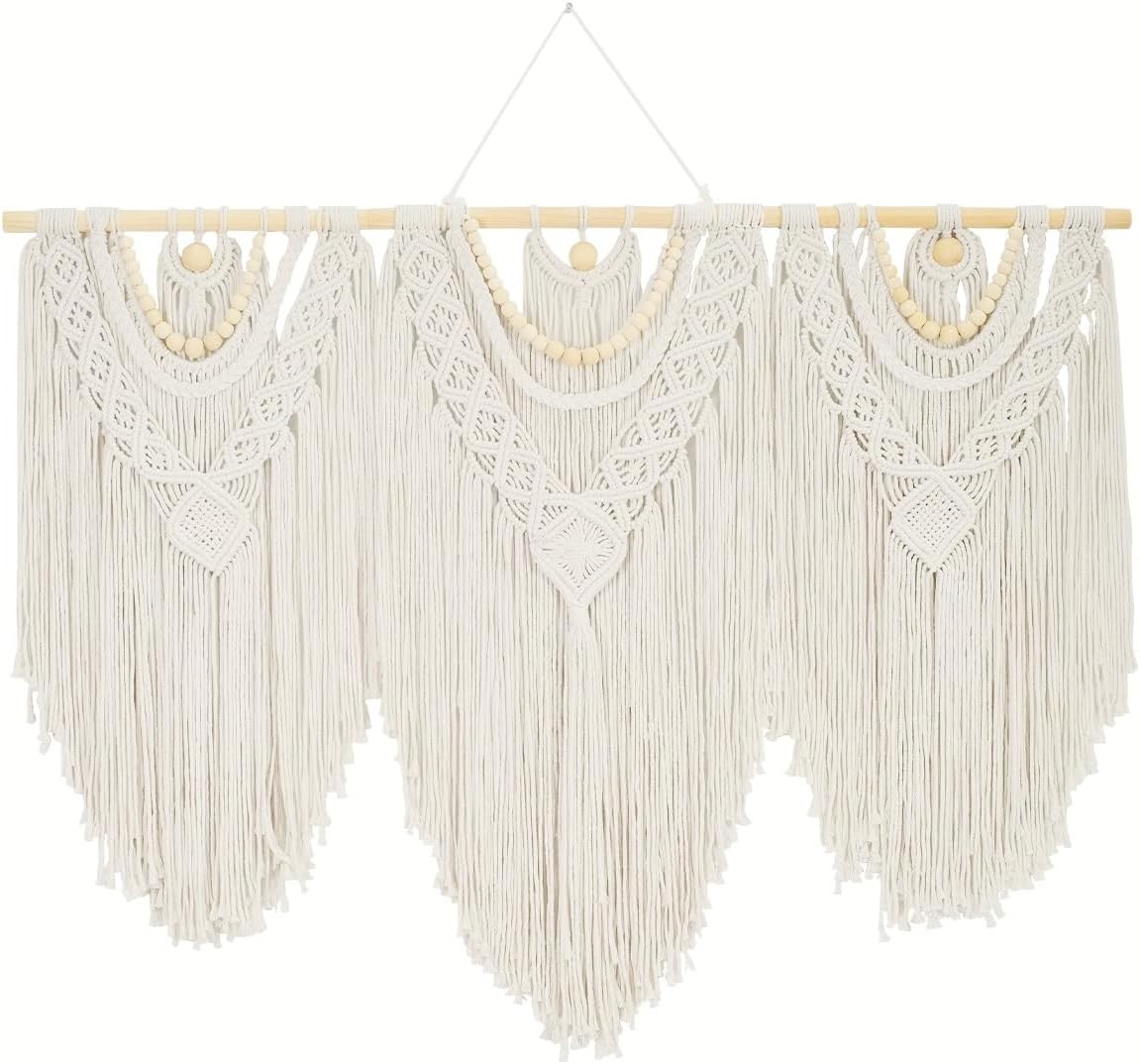 Large Macrame Wall Hanging, Cotton Hand-Woven Boho Tapestry Wall Decor, Above Bed Wall Art, Home Decoration for Bedroom Living Room Apartment Nursery (white, Bead)
