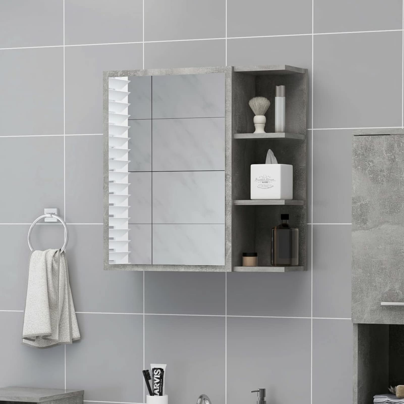 Moderno armario de pared con espejo de baño con estantes de almacenamiento, color gris hormigón, 62,5 x 20,5 x 64 cm