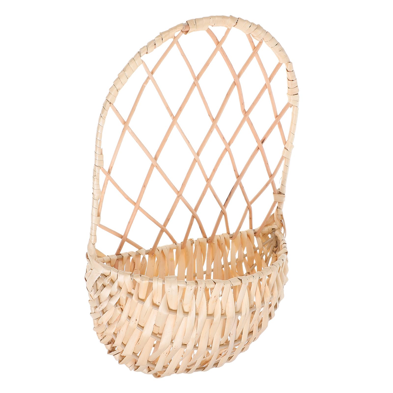 Cesta colgante de mimbre beige tejida para almacenamiento rústico del hogar