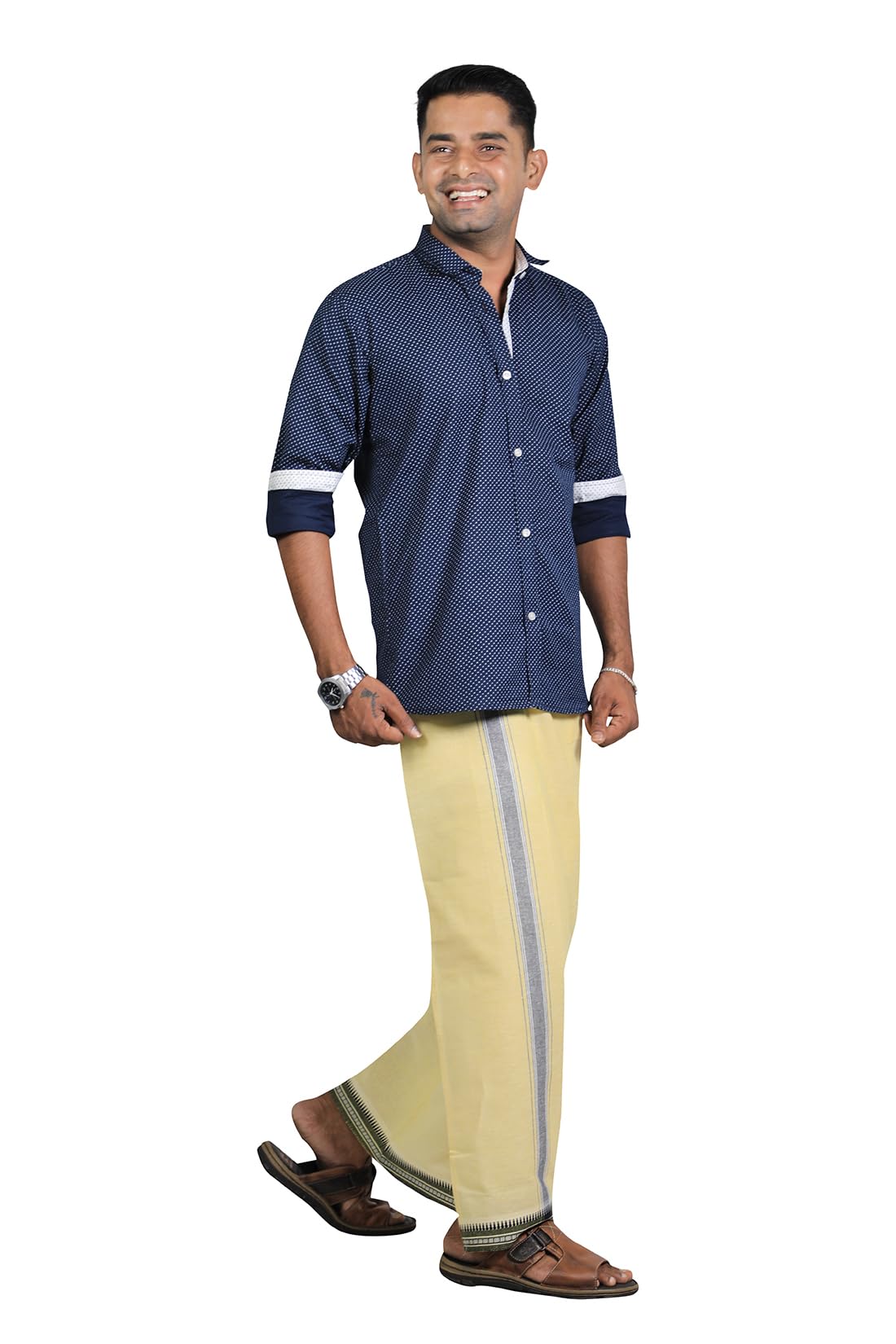Prakasam Cotton Mens Cotton Kerala Thalapathi Border Welcro Pocket Dhoti (Size -S Size Dhoti) / Yellow Colour Thalapathi Adjustable Pocket Dhoties For Mens