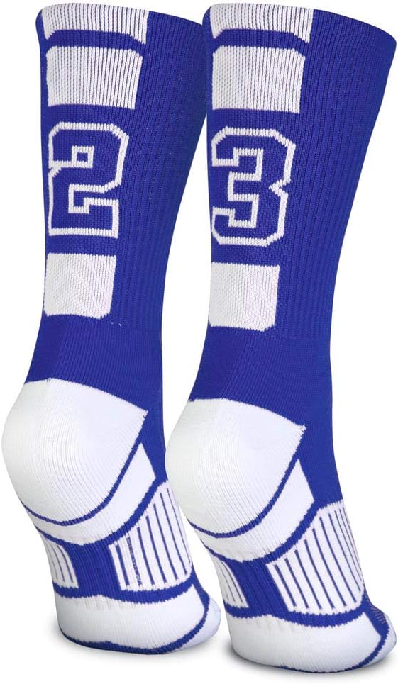 ChalkTalkSPORTS Custom Team Number Crew Socks | Youth & Adult Athletic Socks Blue | Choose Your Number