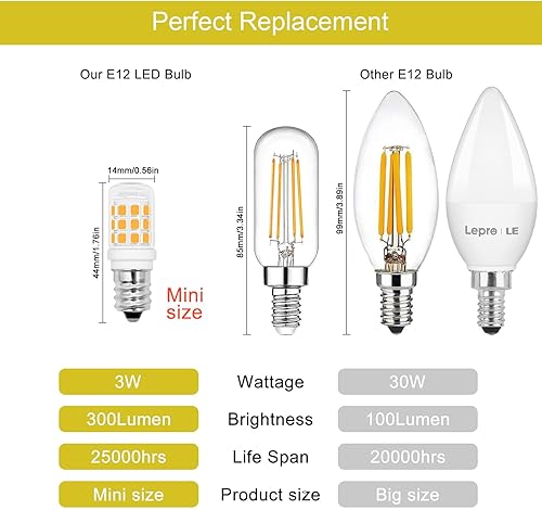 Miniatura 3 de Bombilla LED pequeña E12, equivalente a 3 W, incandescente de 25 a 30 W, bombillas de base de candelabro blanco cálido de 3000 K, 120 V, 300