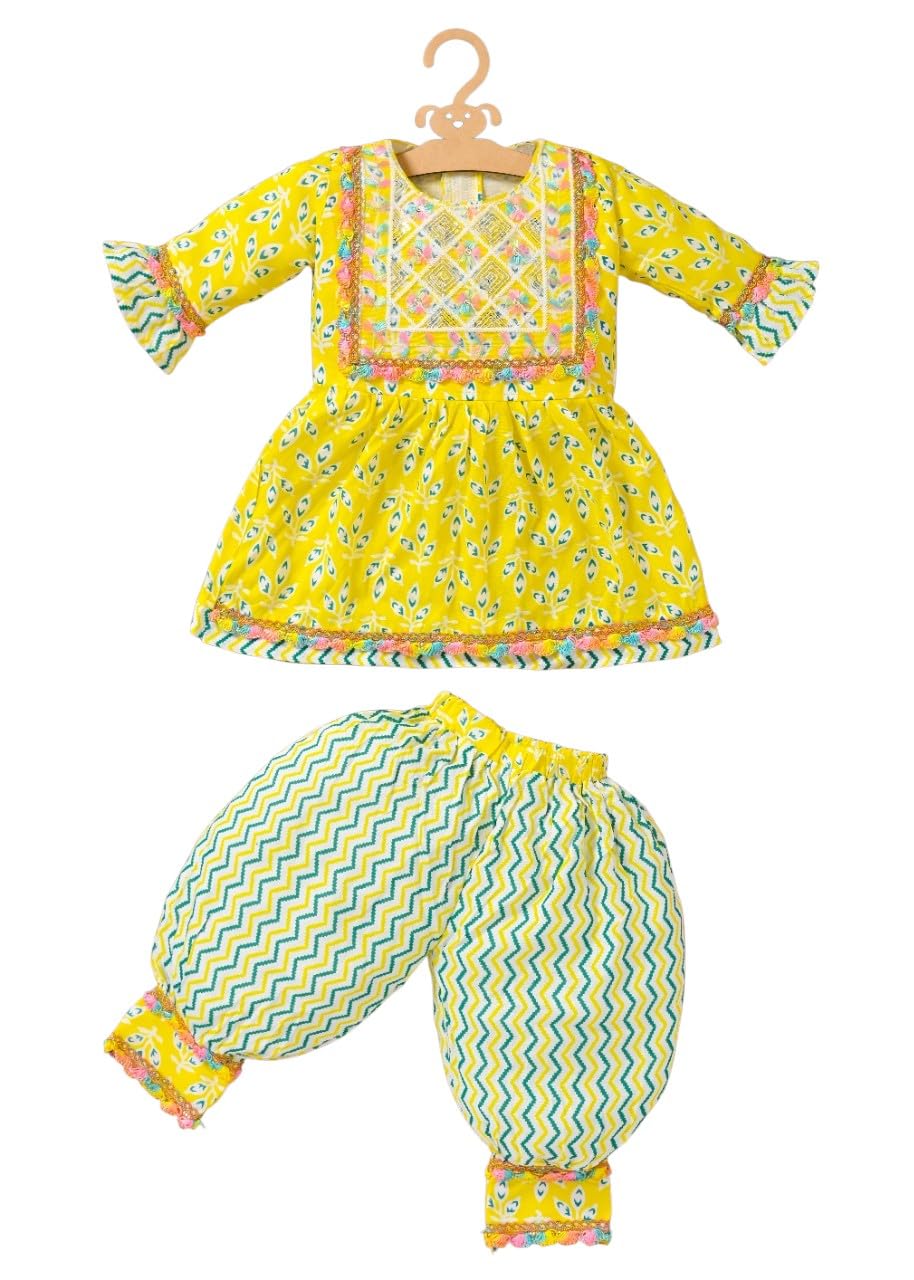 Girls Traditional Cotton Panpata Frock and Pyjama Set, Yellow Floral Print with Lace Trim, Kids Ethnic Wear-picture-44