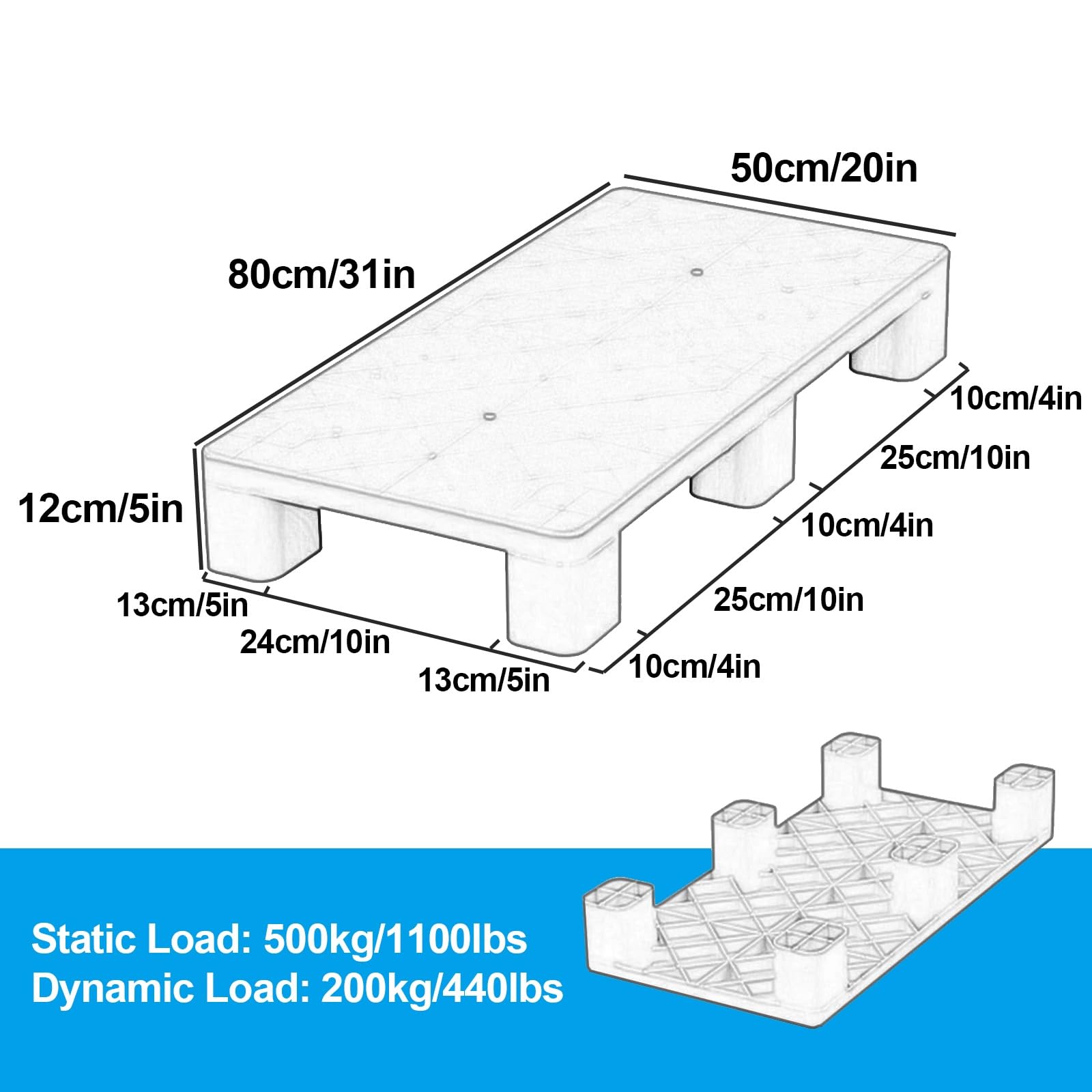 1 pezzo per pallet in plastica HDPE, resistente, impermeabile, stampaggio in un unico pezzo, capacità di carico statico, ideale per cartoni di carico, fusti petroliferi (blu, 80 x 50 x 12 cm/31 x 20 x