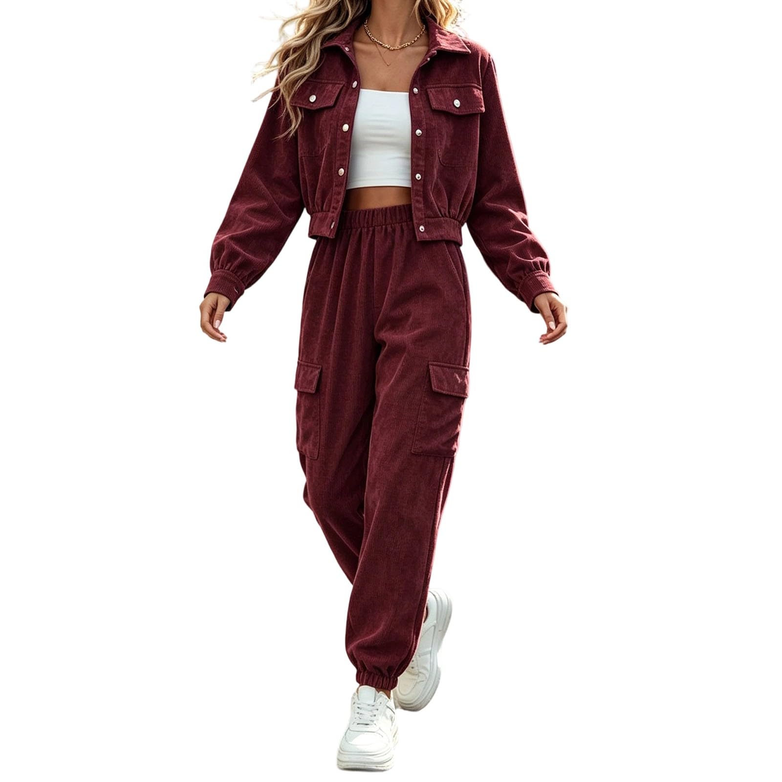 Damen Cord Set Zweiteiler Jacke Hose Freizeitanzug Casual Loungewear