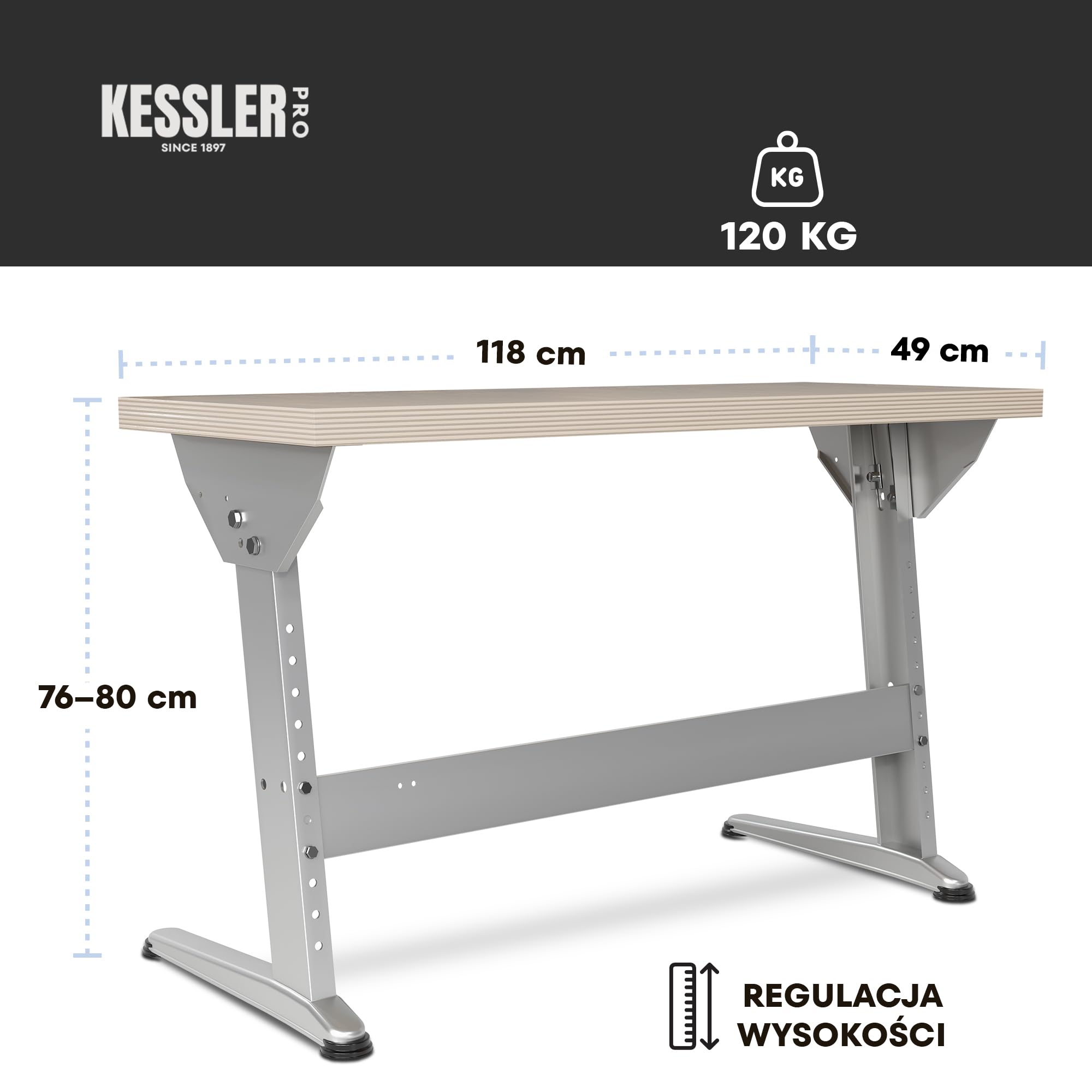 Stół warsztatowy regulowany 120x49 cm Srebrnoszary | sklejka 40 mm, warsztat, ergonomiczny, metalowa konstrukcja, montaż, dostosowanie, bezpieczeństwo, handcraft