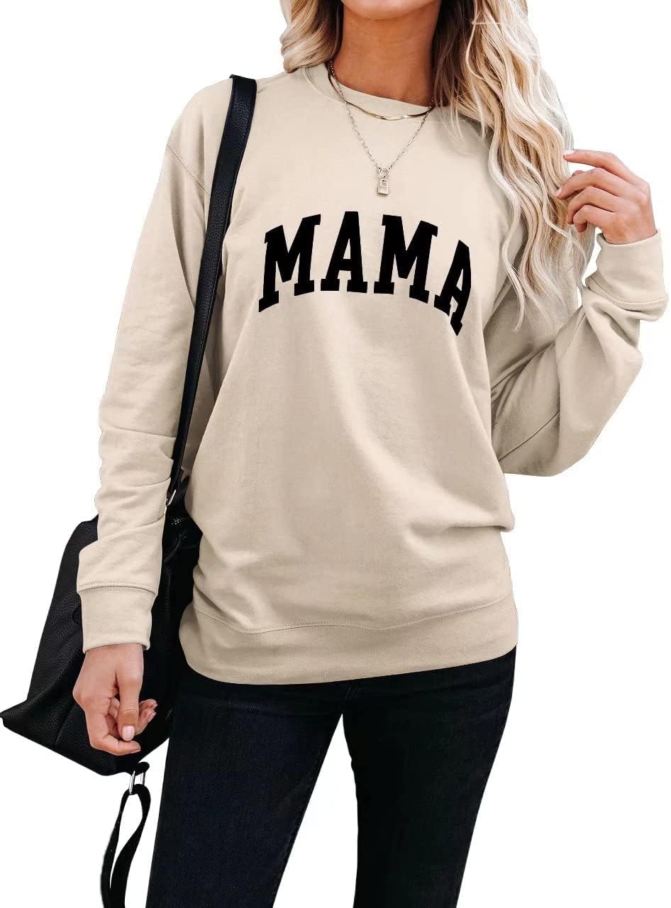 Womens Long Sleeve Mama Sweatshirts Fall Crew Neck Mom Shirts Cute Graphic Tees Pullover Hoodies