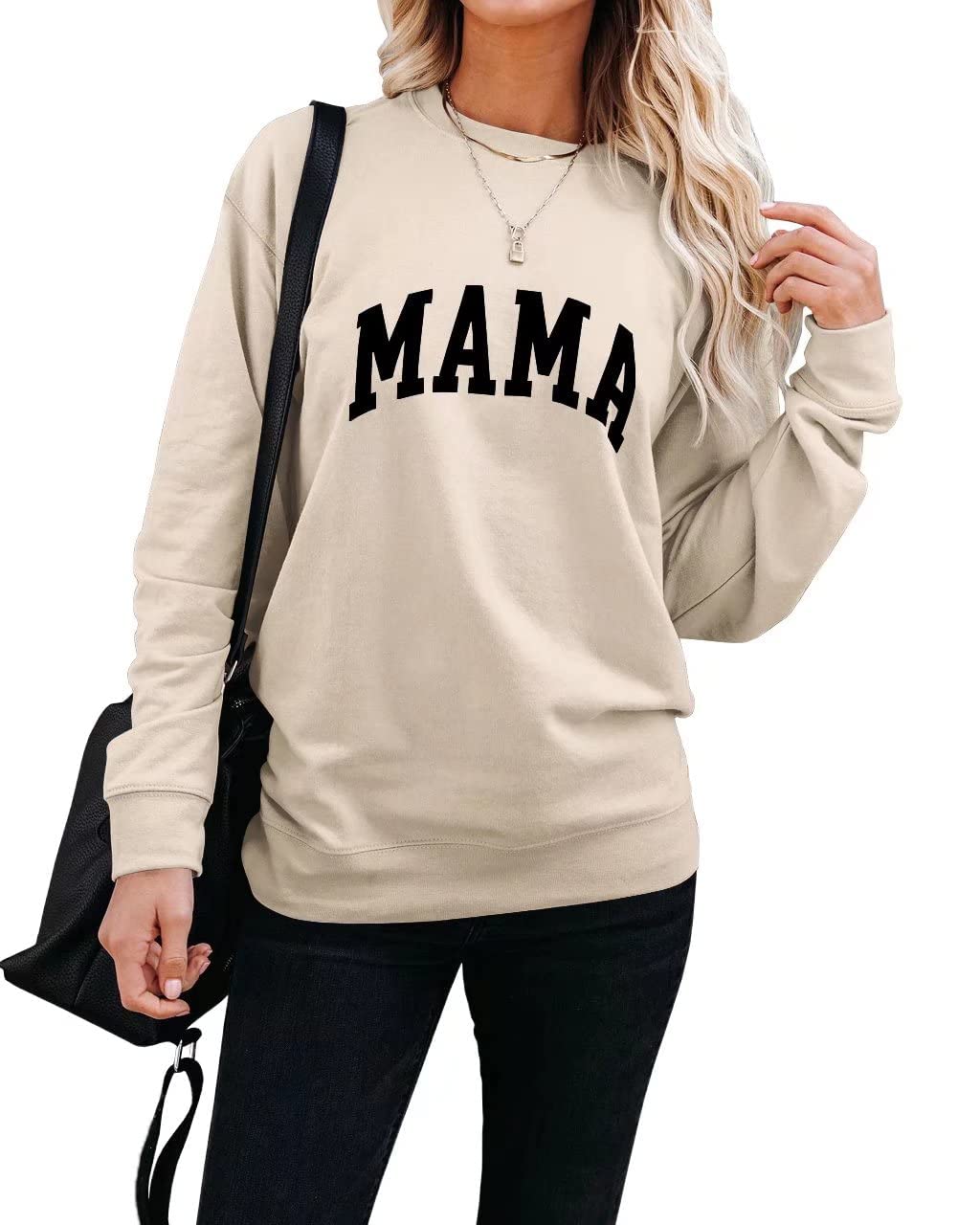 DressmineWomen’s Casual Long Sleeve Mama Sweatshirts Knit Loose Graphic Crewneck Pullover Mom Shirt Tops