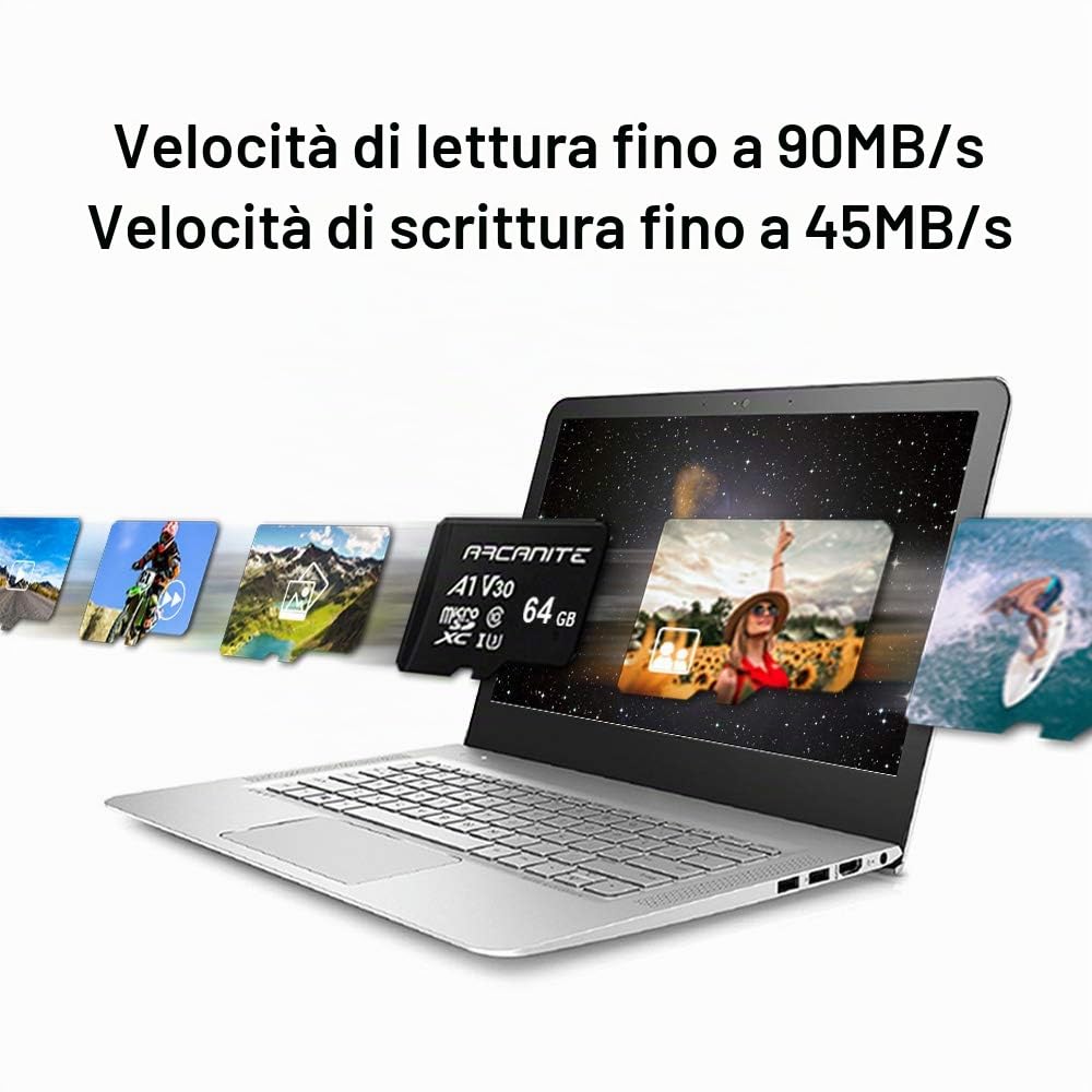 ARCANITE, set da 2 schede di memoria microSDXC 64 GB, UHS-I U3, A1, V30, 4K, C10, MicroSD, Velocità di lettura fino a 90 MB/s