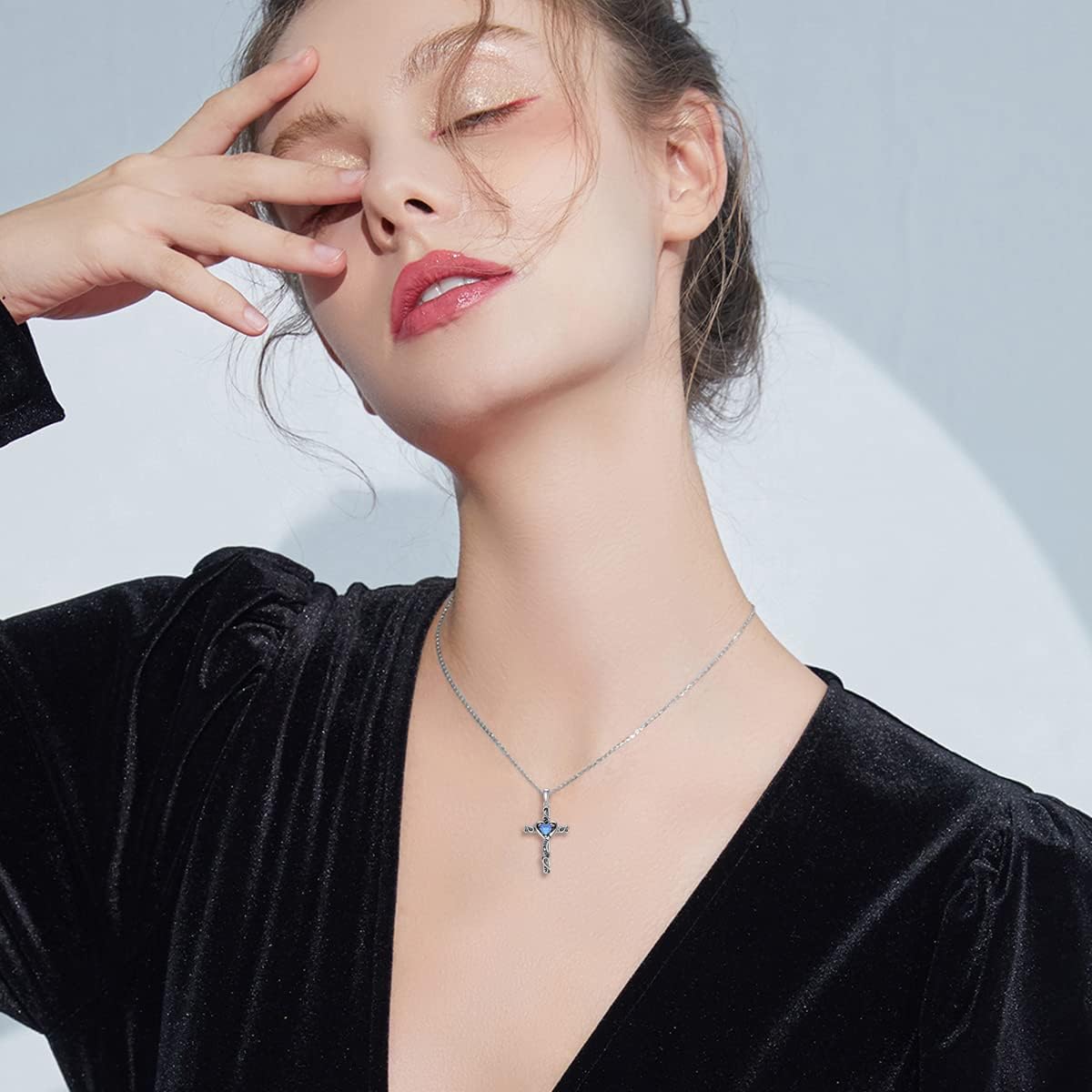 TOUPOP Valentines Day Gifts for Her Birthstone Cross Necklace for Women 925 Sterling Silver Heart Cross Pendant I Love You Jewelry Anniversary Birthday Gifts for Wife Girlfriend Mom - Image 2