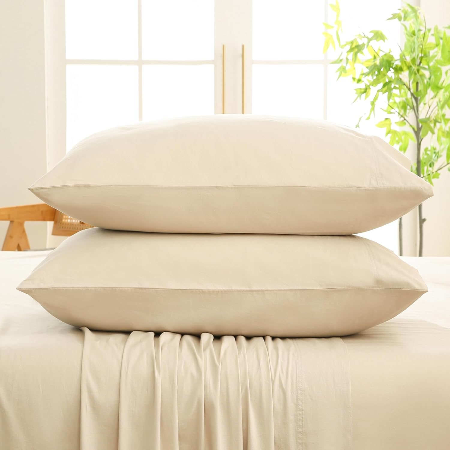 Bedlifes 100% French Linen Pillowcases King Size 20x40 Inch, Set of 2 - Natural Soft, Breathable & Moisture-Wicking,Envelope Closure,Easy Care(Linen)