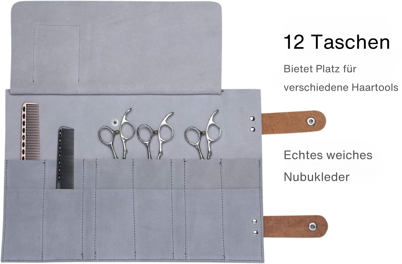 PERFEHAIR Friseurtasche in Grau – Professionelle Werkzeugtasche mit 12 Fächern für Scheren & Barber-Zubehör (Roll-up Design, Haarabweisend) – Leichte Ledertasche für Salon, Reise & Geschenk