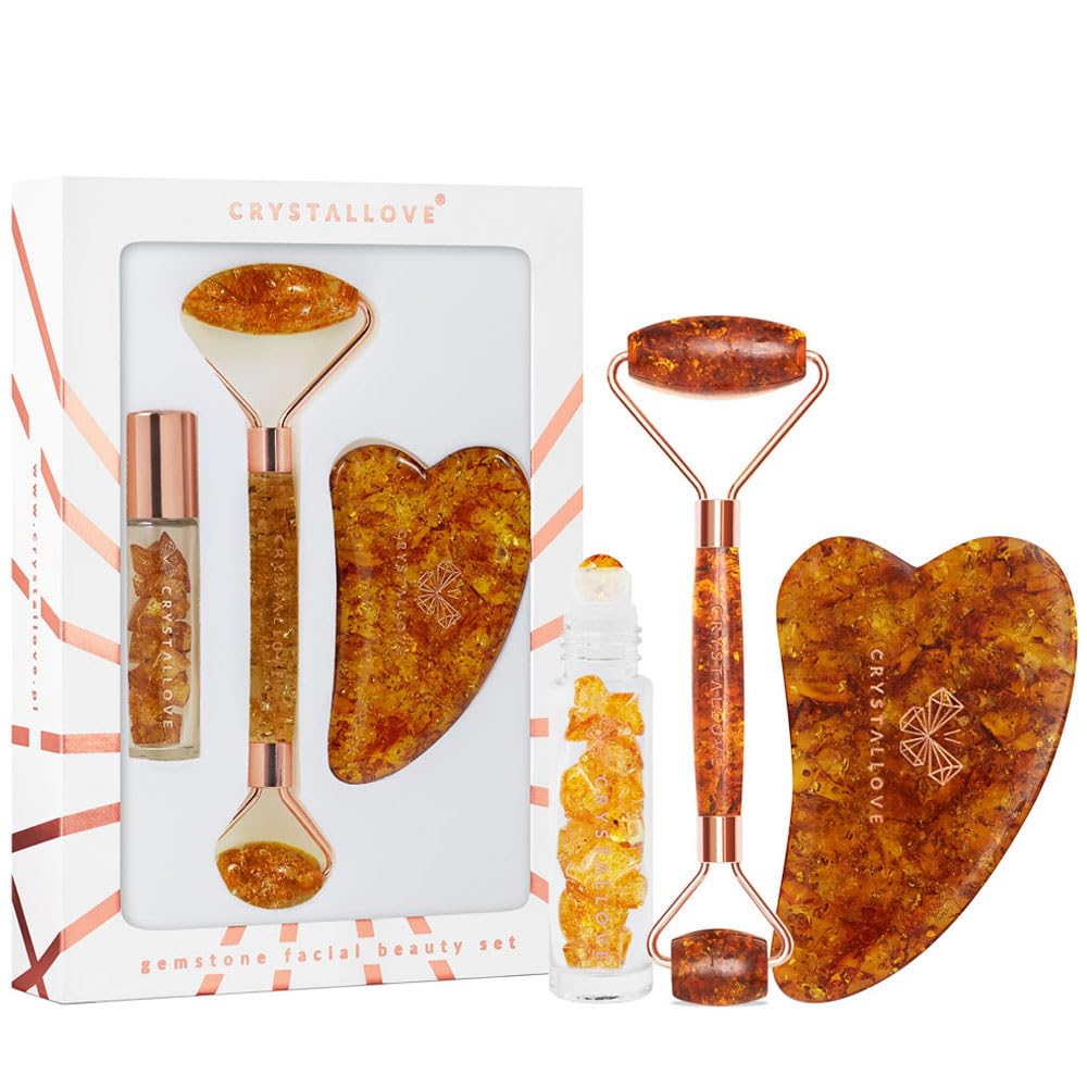 CRYSTALLOVE Konjac-Bernstein Gesichtsroller Set + Gua Sha Stein + Rollon Ölkristalle 10 ml mit Aventurin - Gesichtsmassage Set für Gesicht, Augen - Massagegerät - Massagewerkzeug