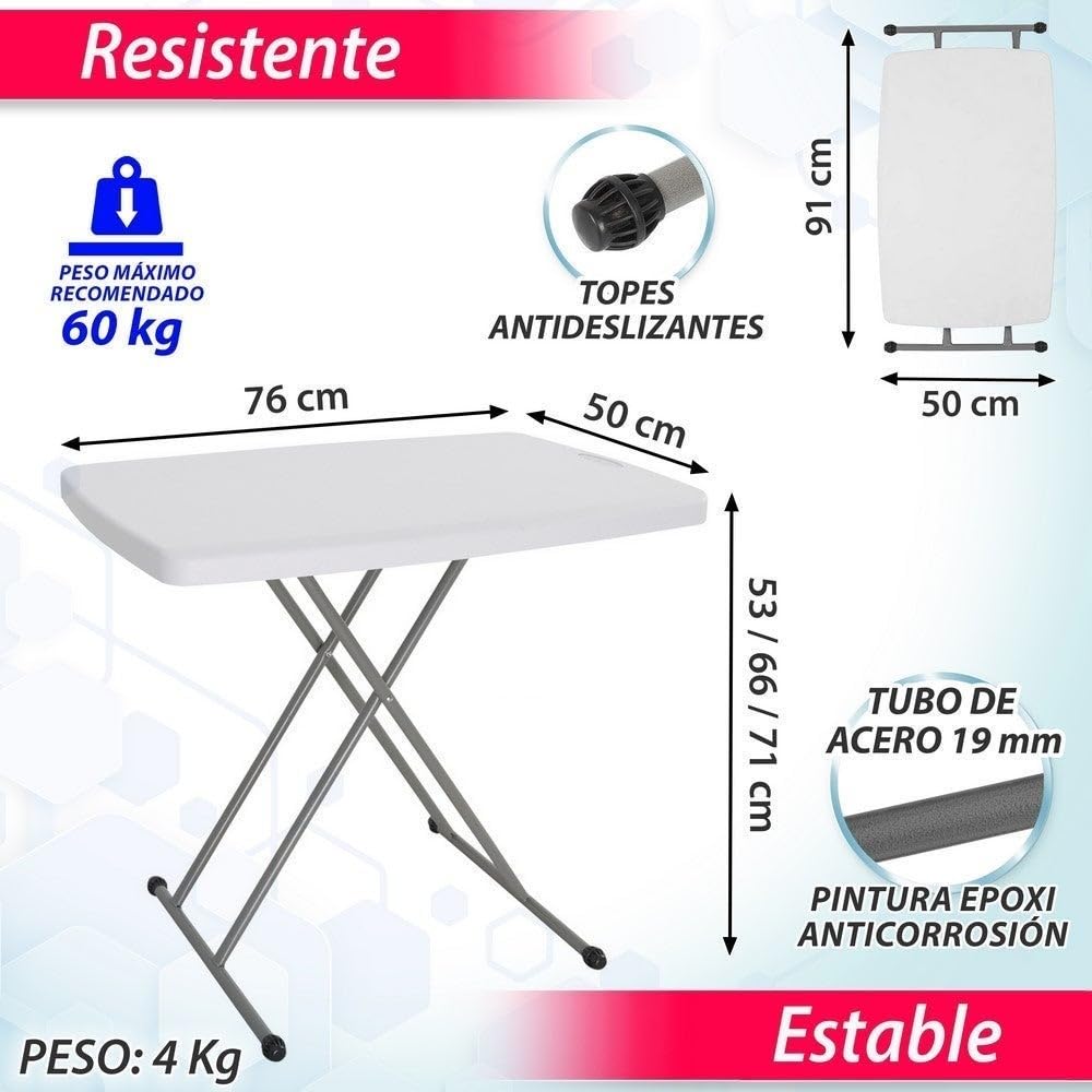 LOLAhome Mesa Regulable en Altura, de Acero Anticorrosión y HDPE (De 76x50x71,5 cm) | Resistente, fácil Transporte, fácil Montaje | Ideal Acampadas, Picnic, Catering, Jardín, Terraza