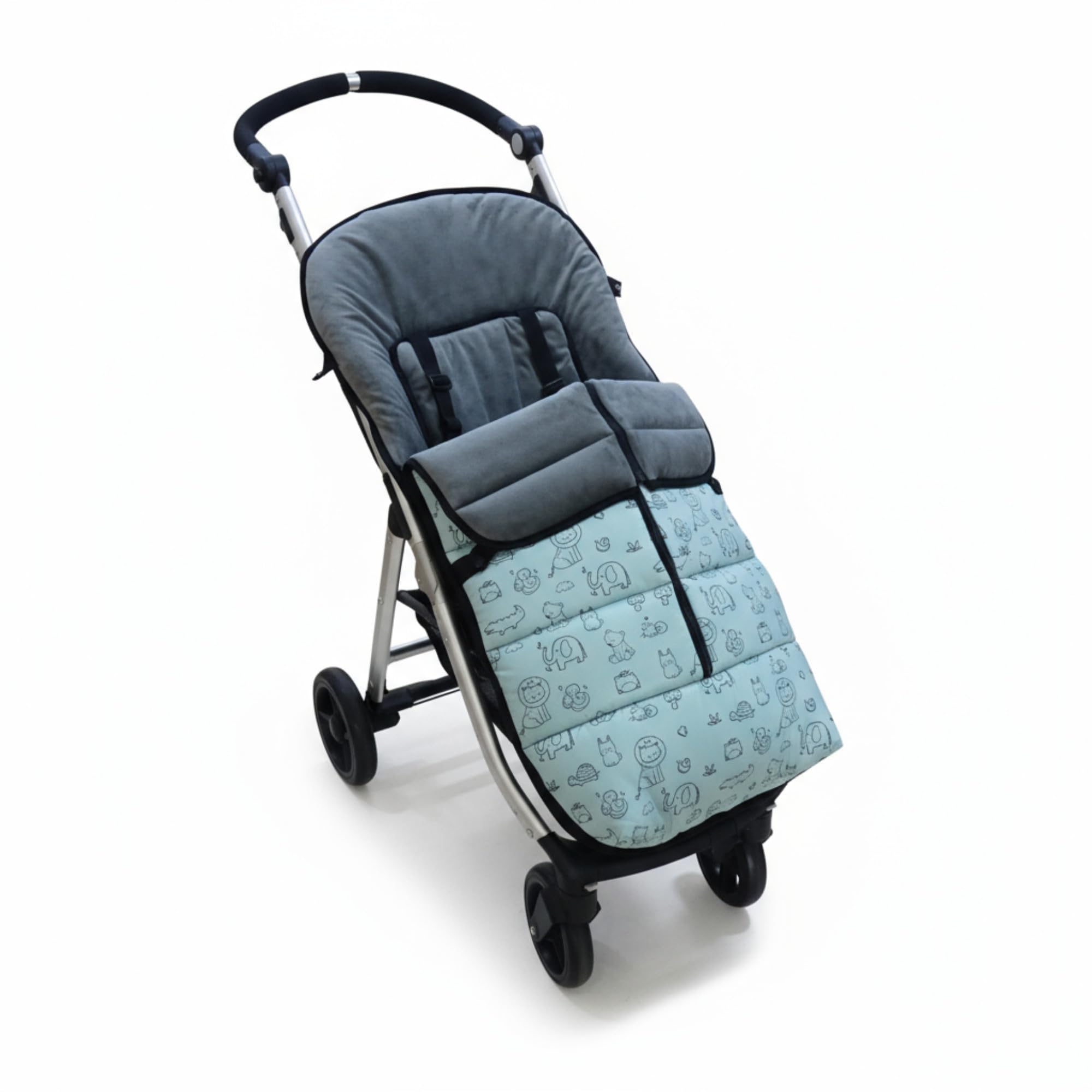 Variouss Saco Silla Paseo Universal Invierno Impermeable – Saco Cochecito Bebé con Cremallera Lateral y Forro Cálido de Coralina, Desmontable y Ajustable, con Estampado de Animalitos (Verde)