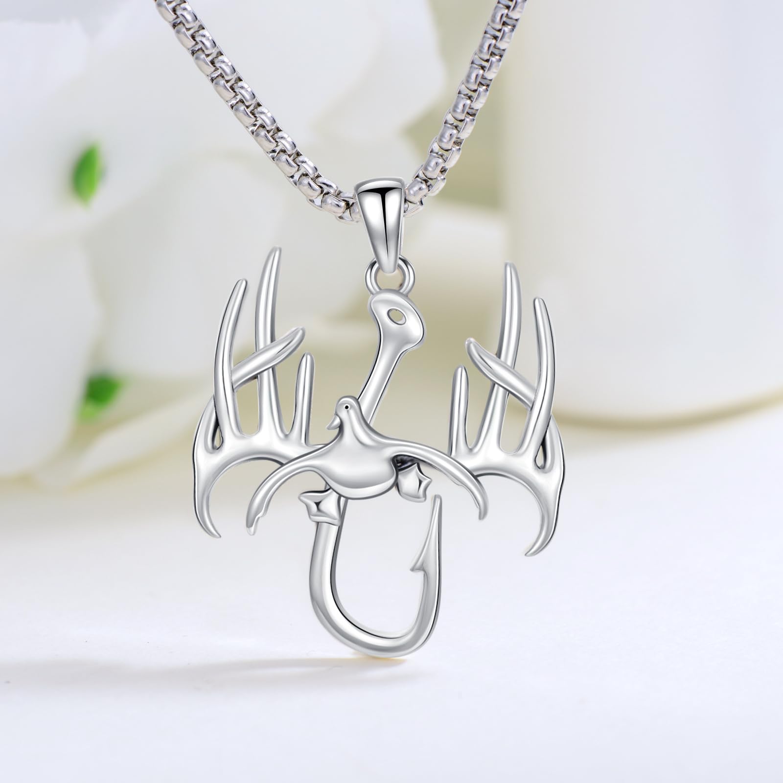 PROESS Collana da uomo con ciondolo a forma di anatra in argento sterling 925 con ciondolo a forma di corno con gancio da pesca gioielli da caccia regali per padre