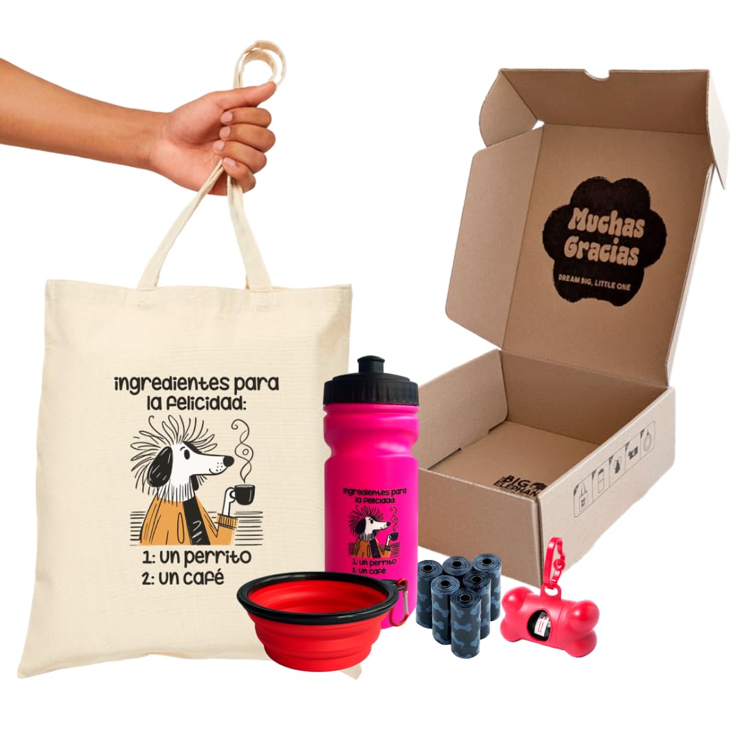 Tote Bag, Bolsas caca perro, Bebedero perro, Tote bag tela, Bolsas para excrementos de perro con dispensador y clip para correa, Perros accesorios, Botella agua perros (Rojo Ingredientes)