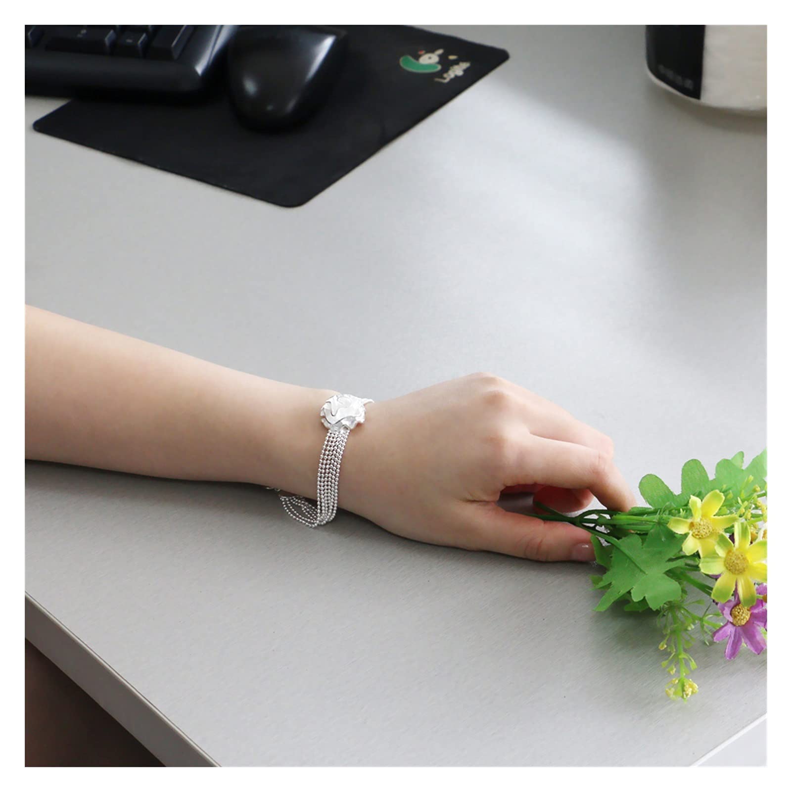 Pulsera de Piedra Natural Pulsera Moda Plata Rosa Mujeres Elegante Pulsera de Borla Multicapa Brazalete Joyería Fina Pulsera de Regalo Joyería