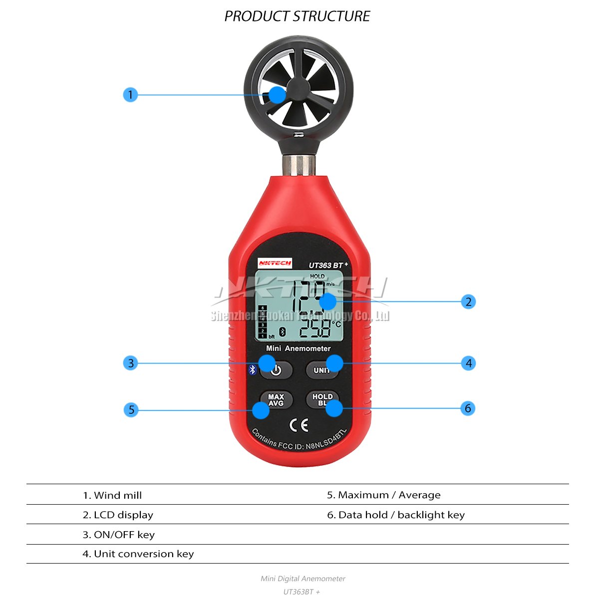 UT363BT - Misuratore digitale Bluetooth per anemometro di velocità del vento, per tempo massimo/min, raccolta dati meteo per attività all'aperto, windsurf, vela, surf, pesca con cacciavite TL-1