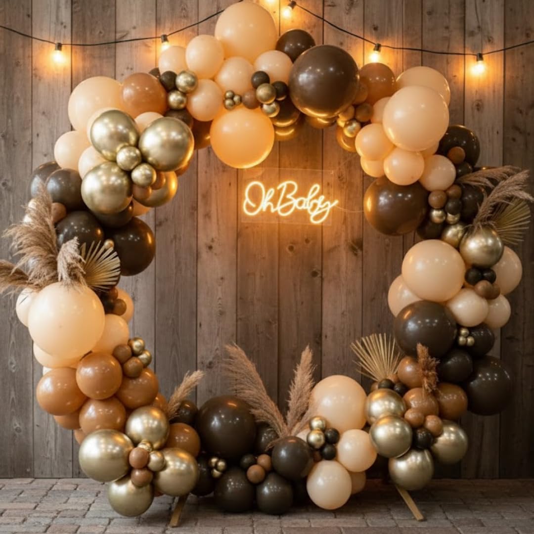 WP WANNA PARTY 97 Pcs Brown Balloon Garland Arch Kit Coffee Brown Metallic Gold Latex Balloons Kit For Baby Shower, 1St Birthday, Bear Jungle Theme Party,Wedding Decorations