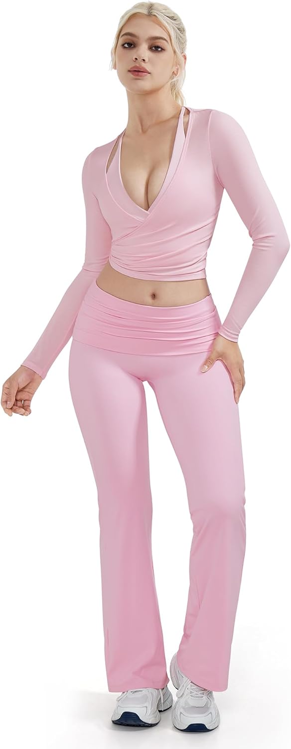 SUUKSESS Women Pilates Wrap Workout Cropped Top Ribbed Long Sleeve V Neck Tie Front Ballet Yoga Shrug Blouse - Image 7