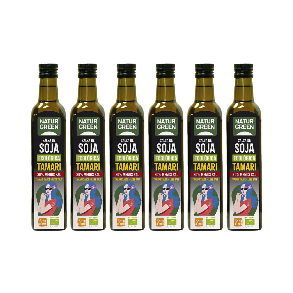 NaturGreen - Salsa De Soja Tamari Bio, Pack 6 x 500 ml, Contenido Reducido en Sal, Sabor Suave y Exotico, Ecológica, Vegano, Sin Lácteos, Ideal Para Cocina Asiática