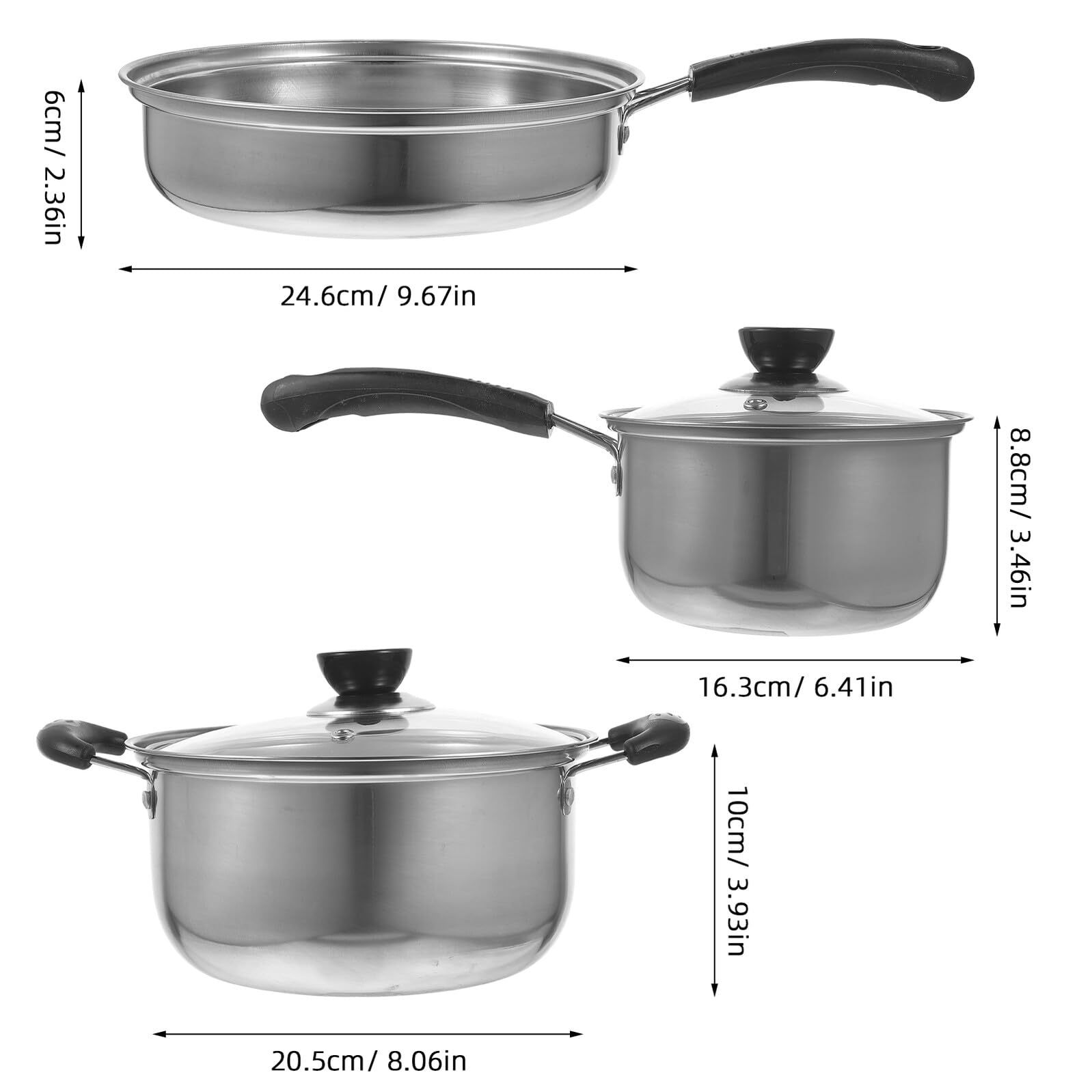 Lurrose Set da Cucina 3 Pezzi in Acciaio Inossidabile Resistente Pentola, Padella Anti Deformazione e Maneggevole, la Preparazione di Zuppe e Fritture