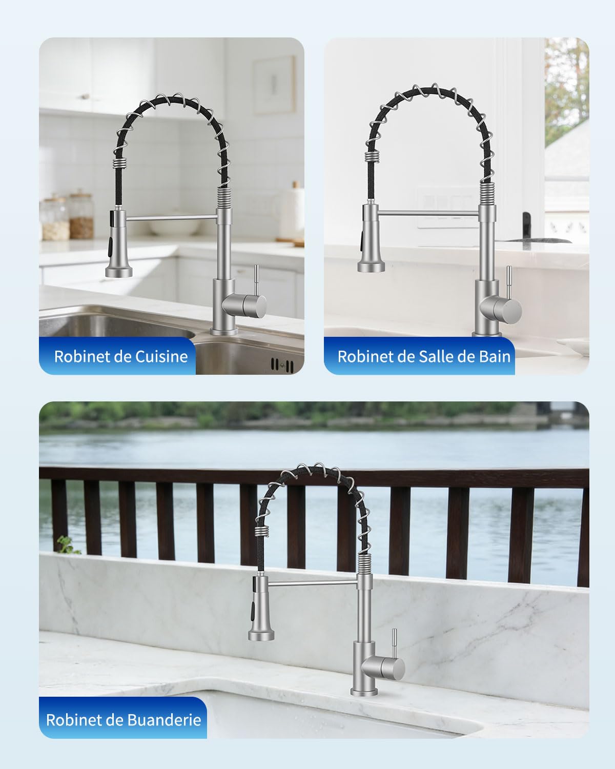 Robinet de Cuisine, Mitigeur de Cuisine Commercial à Ressort, Robinet à Simple Levier en Acier Inoxydable avec Bec Pivotant 360° et 2 Modes de Pulvérisation, Nickel Brossé