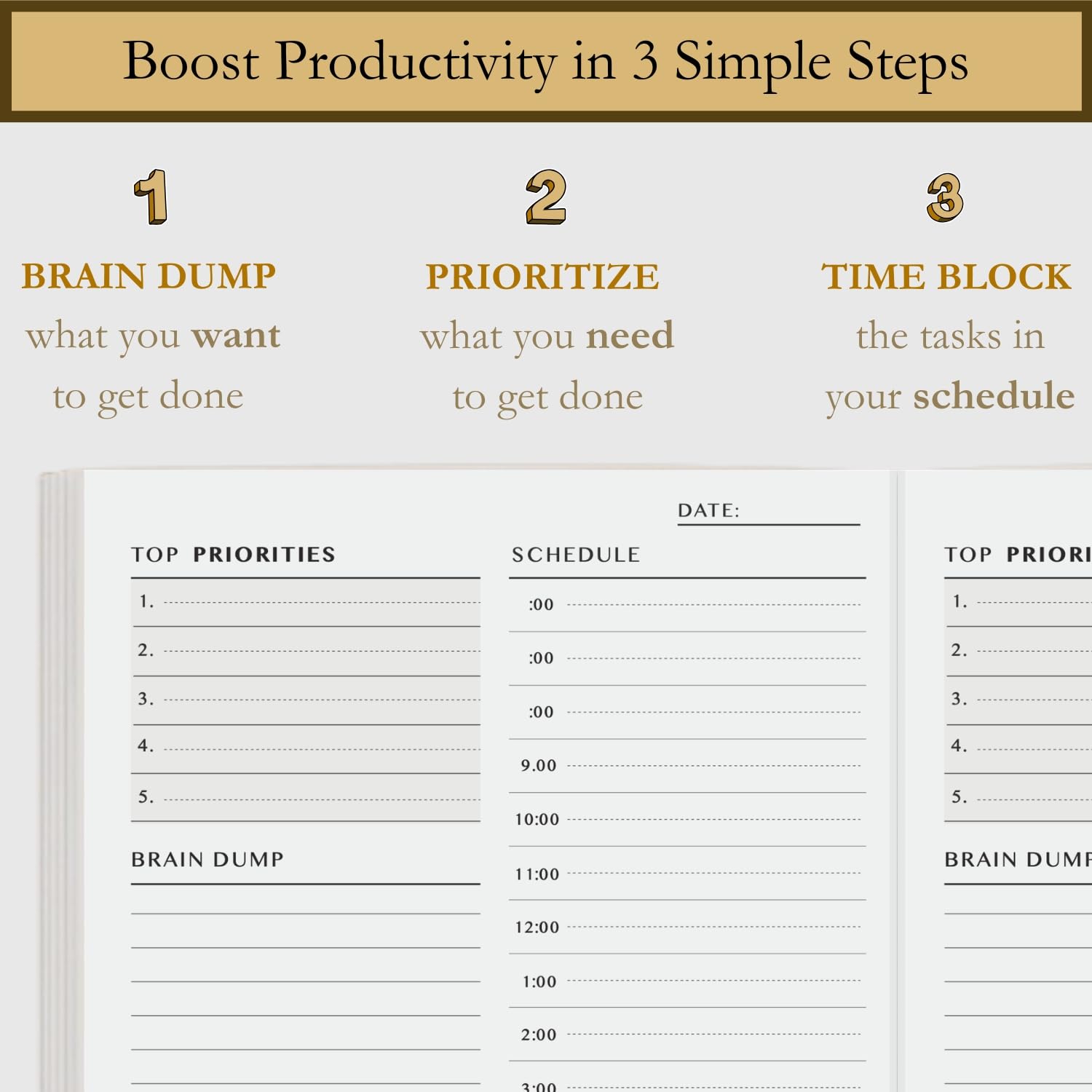Planificateur journalier Timeboxing et blocage du temps. Planificateur horaire, quotidien et mensuel. Approvisionnement de 6 mois, non daté. Gestion du temps, productivité et mise au
