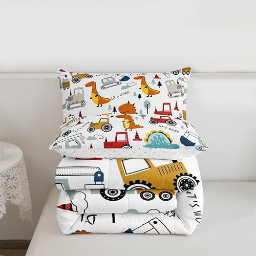 Miniatura 3 de Feelyou Juego de edredón de construcción para niños, juego de funda de edredón de dinosaurio de dibujos animados para niños, equipo de camiones,