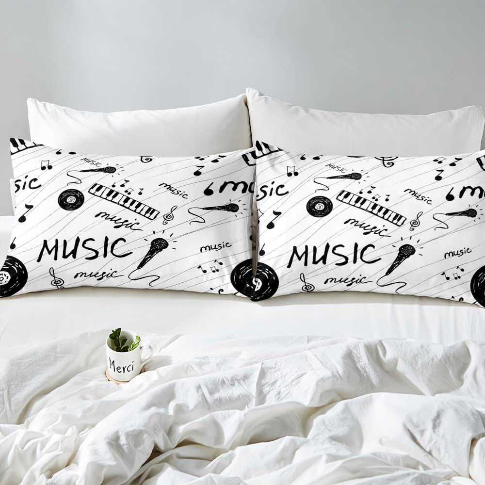 Loussiesd Set di biancheria da letto con note musicali in bianco e nero, per ragazzi e ragazze, con copripiumino e microfono in vinile, per letto singolo