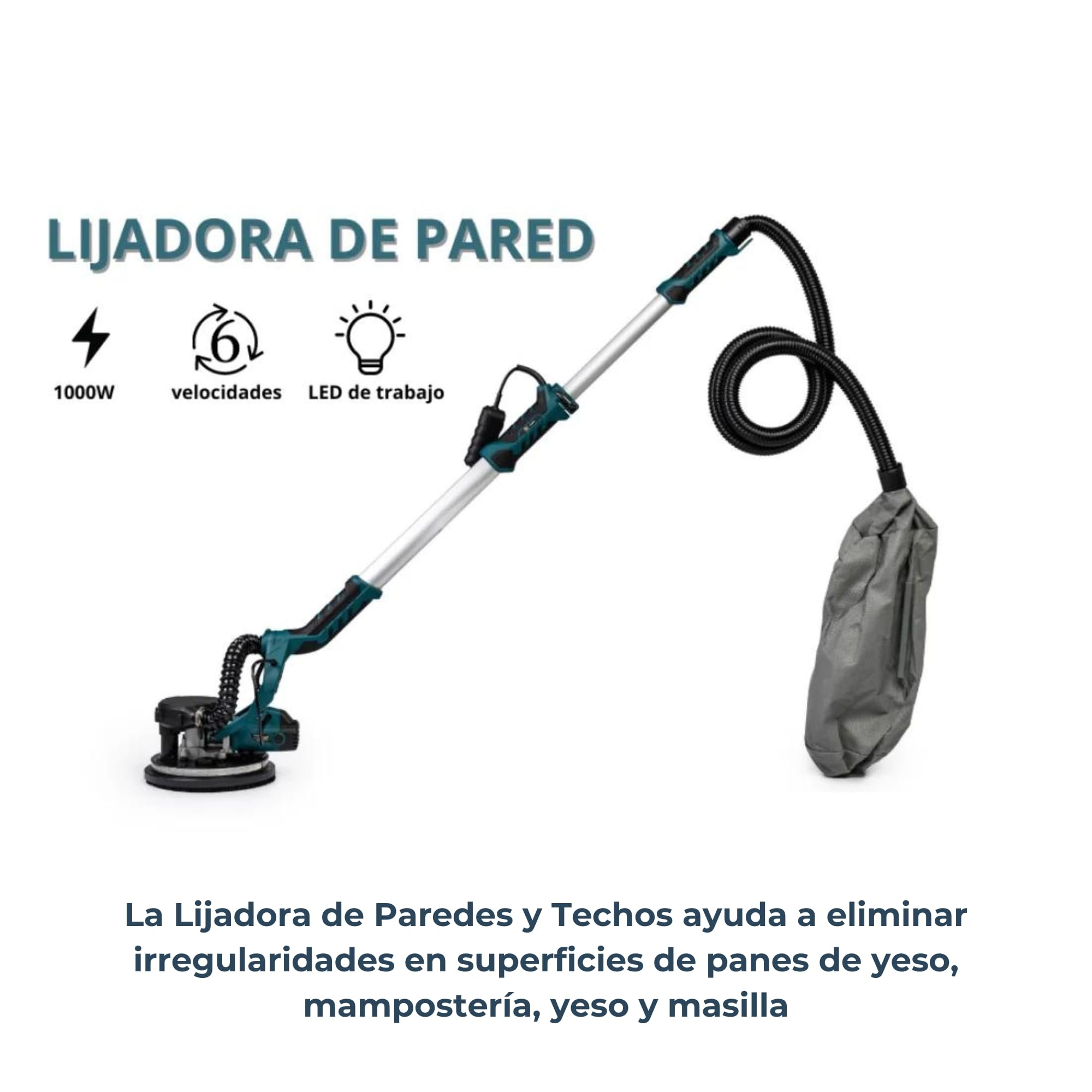 Lijadora Pared Telescópica (1000W), Lijadora de Pared Plegable, Lijadora Jirafa 1000-1920RPM, Diámetro del Disco Lijador, Motor Totalmente de Cobre, Velocidades Ajustables, Luz LED