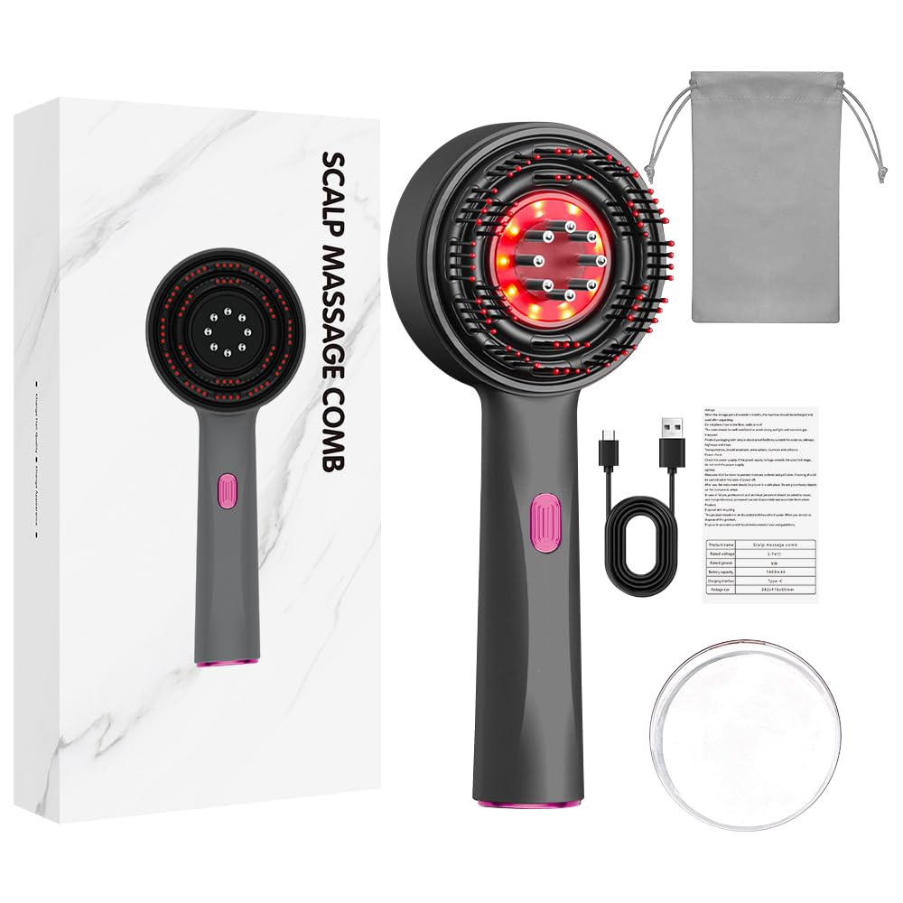HIULLEN Masajeador de cabeza eléctrico, 2 en 1, cepillo de masaje eléctrico, 360°, luz roja, peine de masaje eléctrico para el cuero cabelludo, cepillo de masaje con dispensador de aceite para el