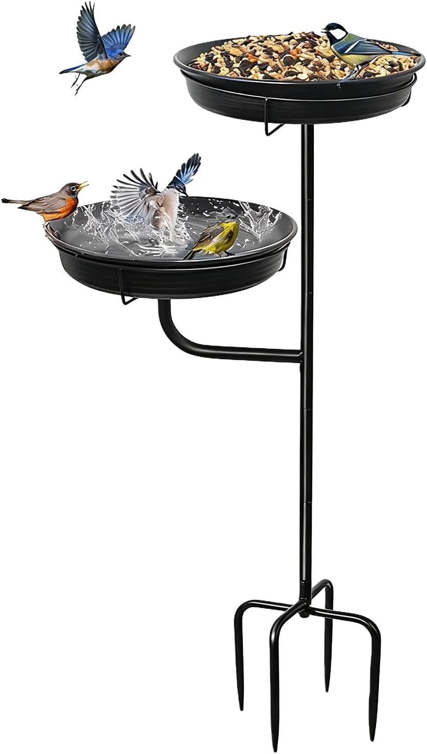 Bird Baths - Metal Standing Feeder Tray, Four Prong Base Stake Support | Outdoor Garden Bird Water Basin Stand, Decorative Yard Lawn Deck Pavilion Landscape Ornament Accessory for Home Backyard