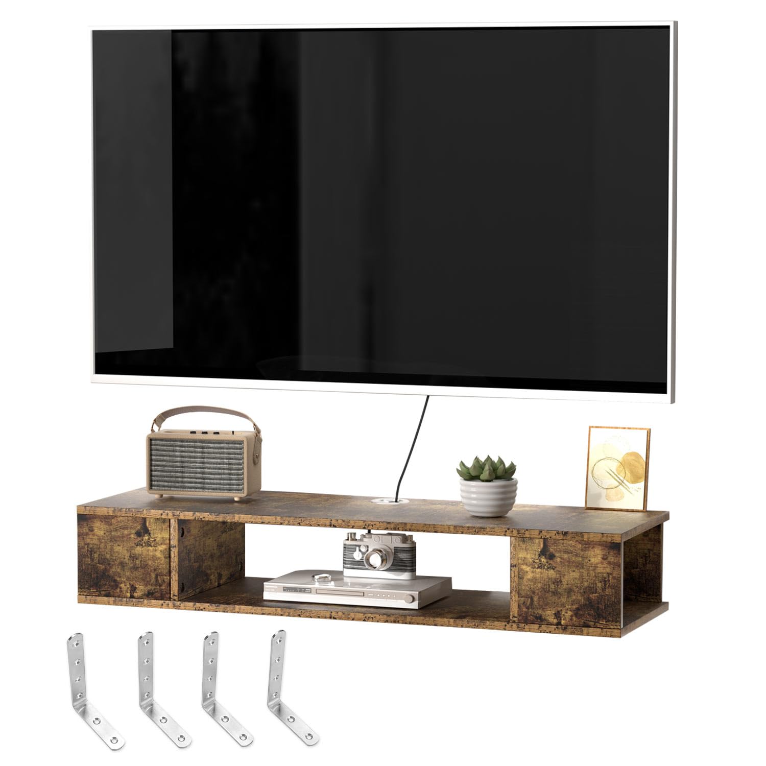 Floating TV Stand, Wall Mounted Entertainment Center and Cabinet Shelf, TV Console with Storage, Media Console for DVD Player, Space-Saving Under TV Shelf for Bedroom (Rustic Brown)