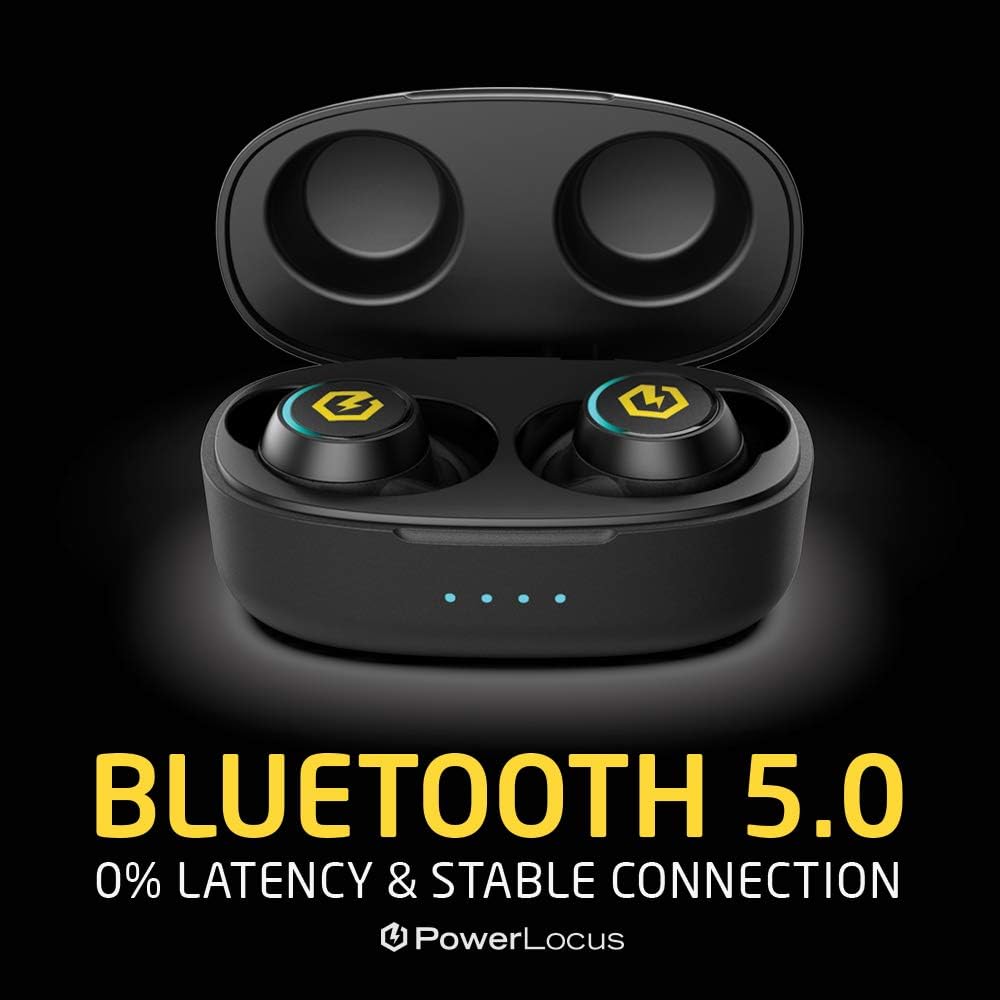 Image highlighting Bluetooth 5.0 connectivity with 0% latency and stable connection for PowerLocus PLX2 earbuds.