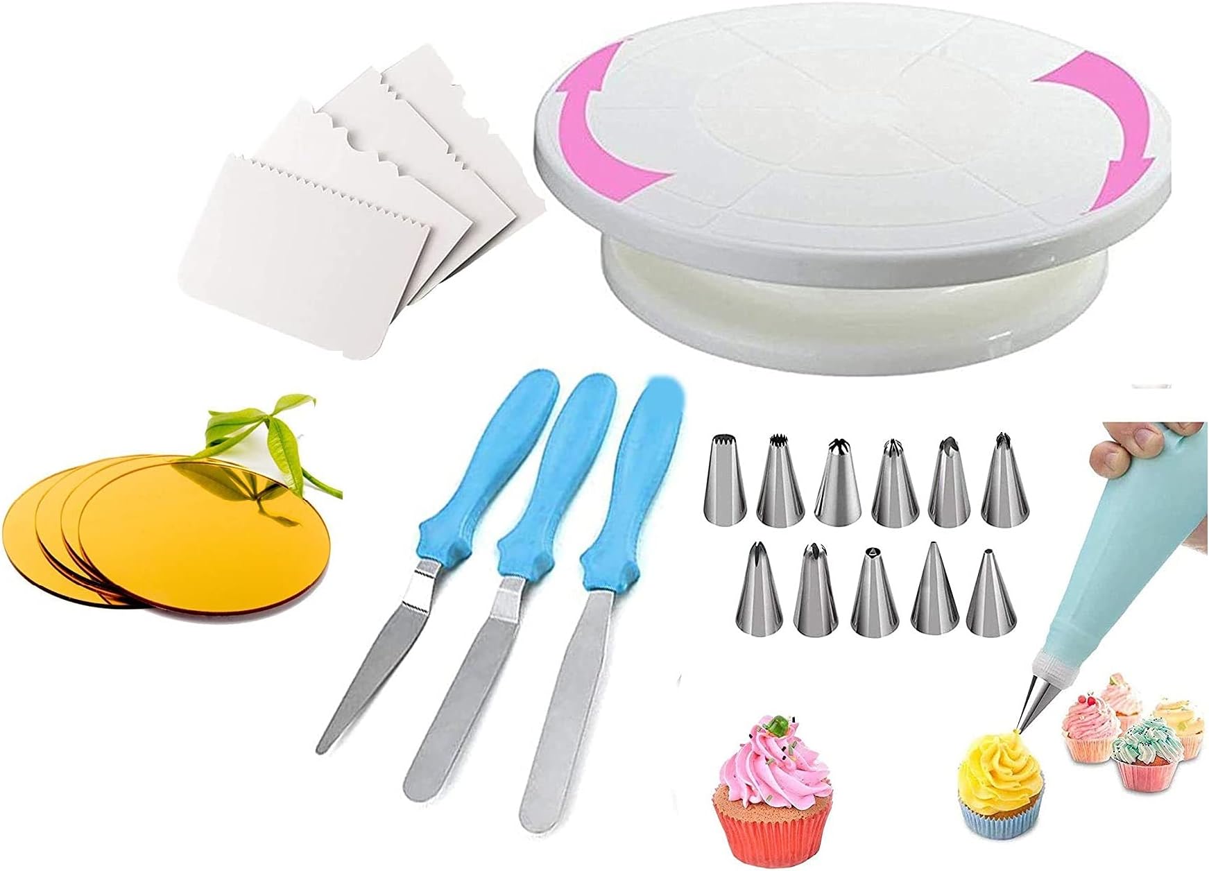 LEAWALL Cake Decorating Kits Supplies with Cake Turntable, 12 Numbered Cake Decorating Tips, 3 Icing Spatula, 4 Icing Smoother, 5 Piece Cake Base Board Round 10 inches Gold Cake Decorating Tools Bakeware Set