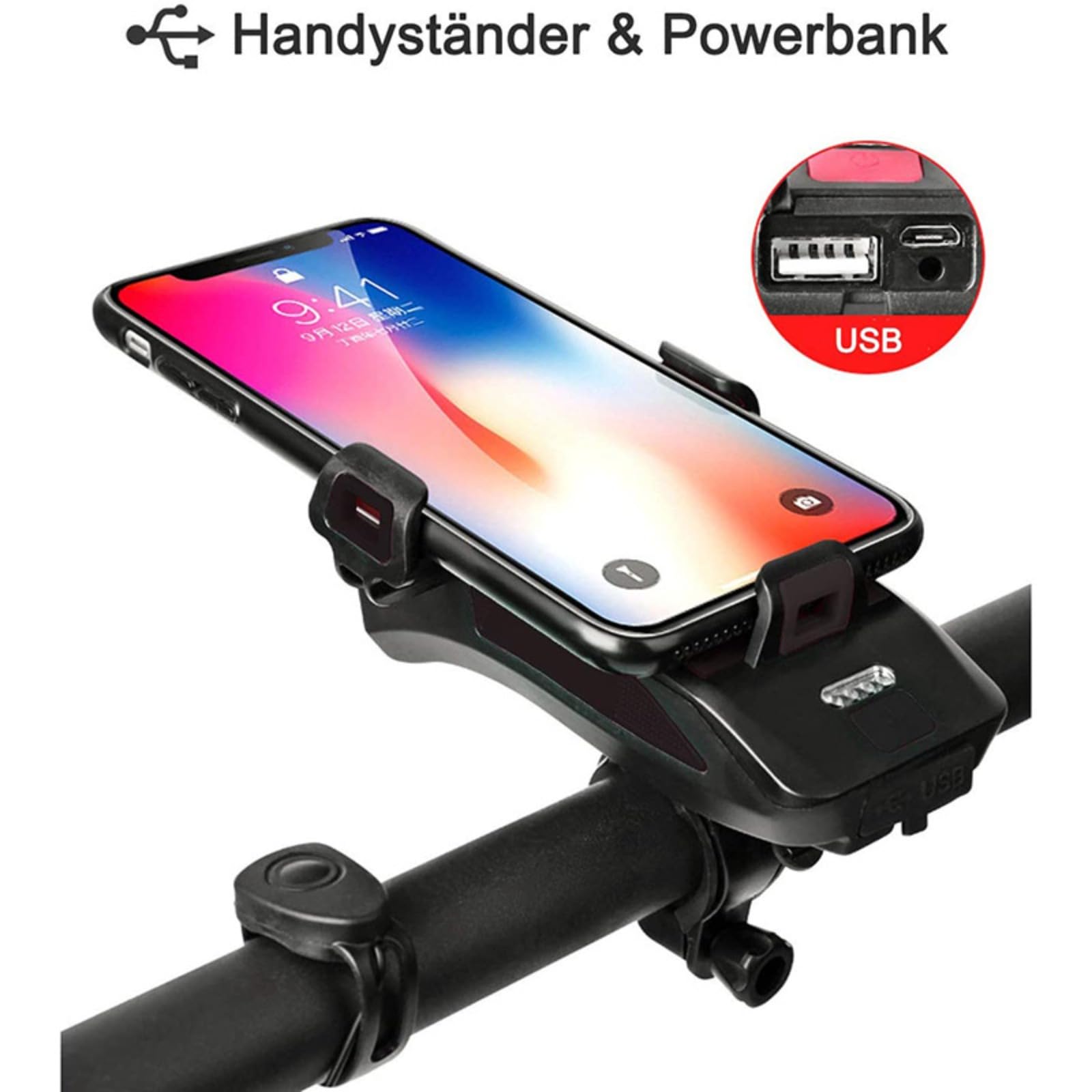 Set di luci per bici a LED con supporto per telefono ricaricabile, luce per bici da 4000 mAh con Power Bank con campanello e luce posteriore, torcia per bicicletta, escursionismo, campeggio, all mount