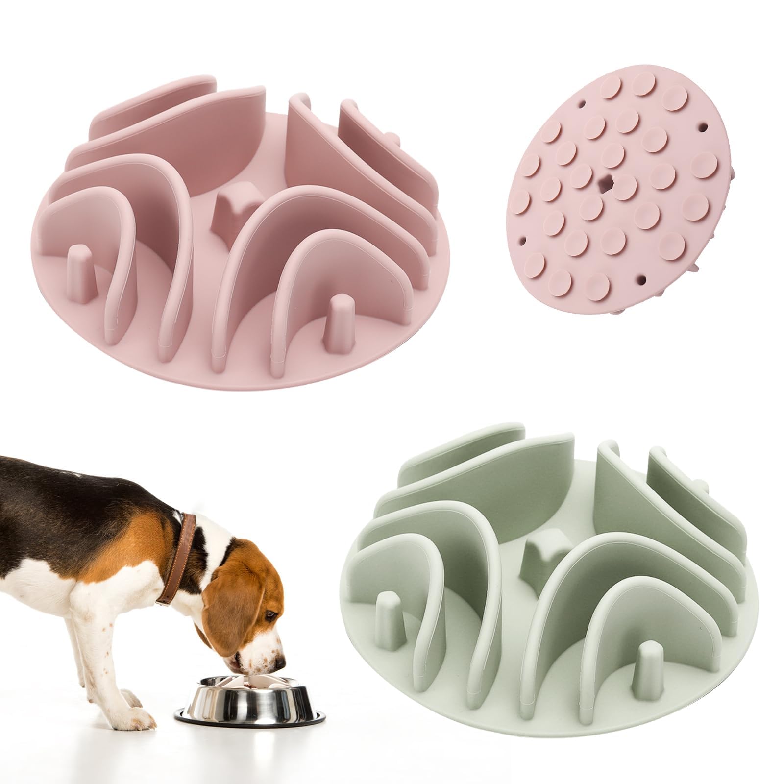 2 Pcs Slow Feeder Insert for Dog Bowl, Anti-Choking Silicone with Strong Suction Cups, Fits Most Dog Bowls, Ideal for Medium, Large Breeds (Green+Pink