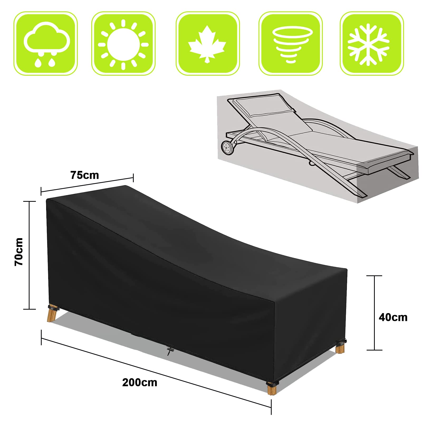 Housse De Protection Pour Chaise Longue Jardin - Tissu Oxford 210D Noir, 200x70x40/75 Cm - 9