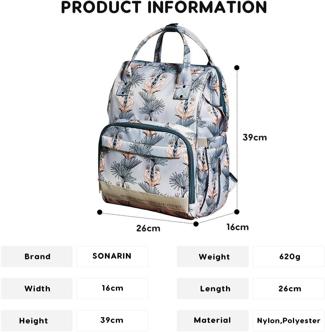 Multifunctional Nylon Diaper Bag Backpack Travel Nappy Changing Bag Mummy Bag with Changing Mat & Stroller Straps(Parrots)